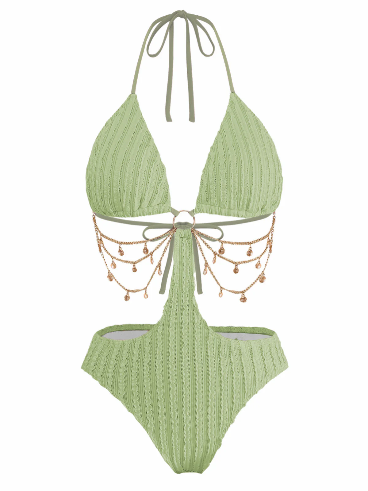Green 1930s Solid Metal Chain Cutout Swimsuit