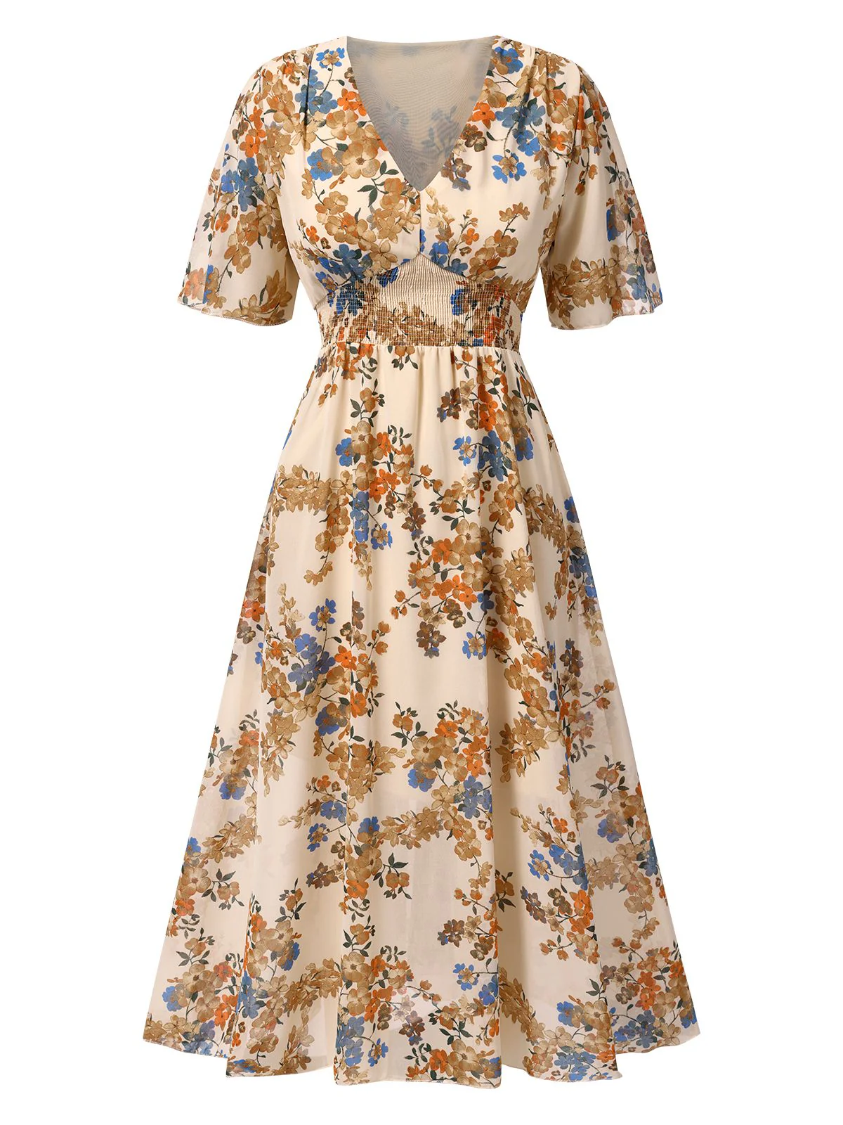 Beige 1930s V-Neck Floral Elastic Waist Dress - Image 2