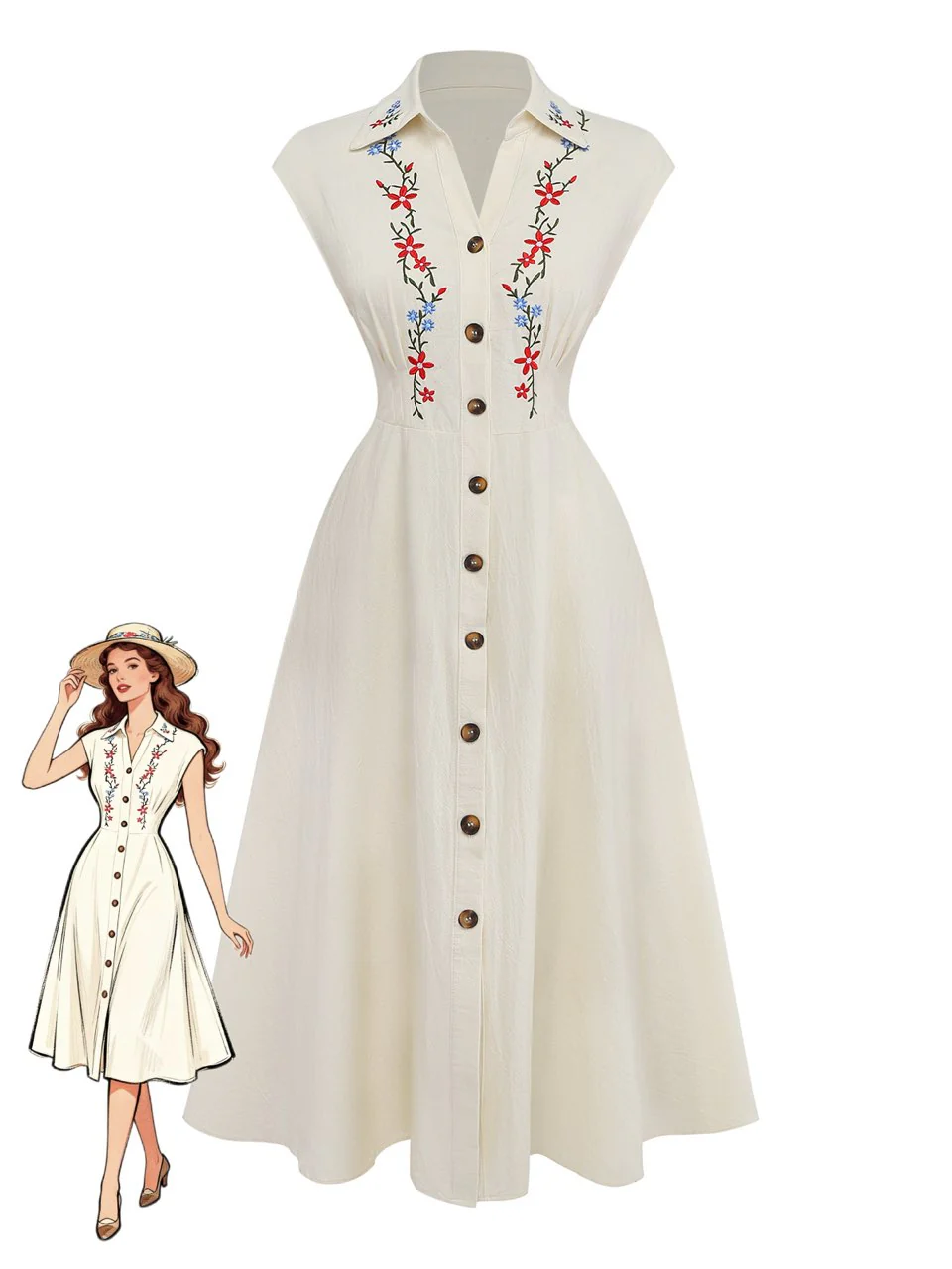 Beige 1940s Embroidered Floral Cap Sleeve Dress