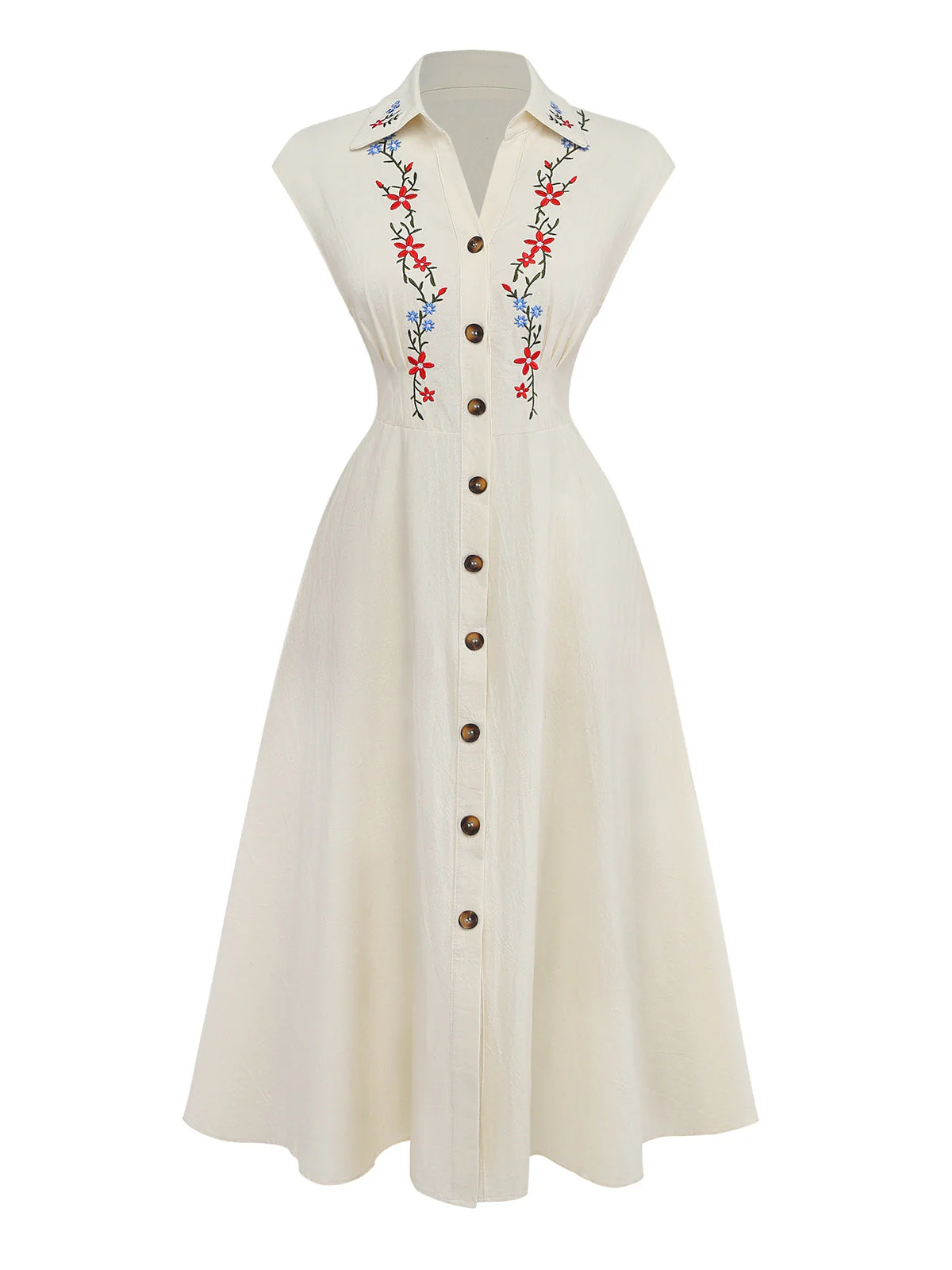 Beige 1940s Embroidered Floral Cap Sleeve Dress - Image 2