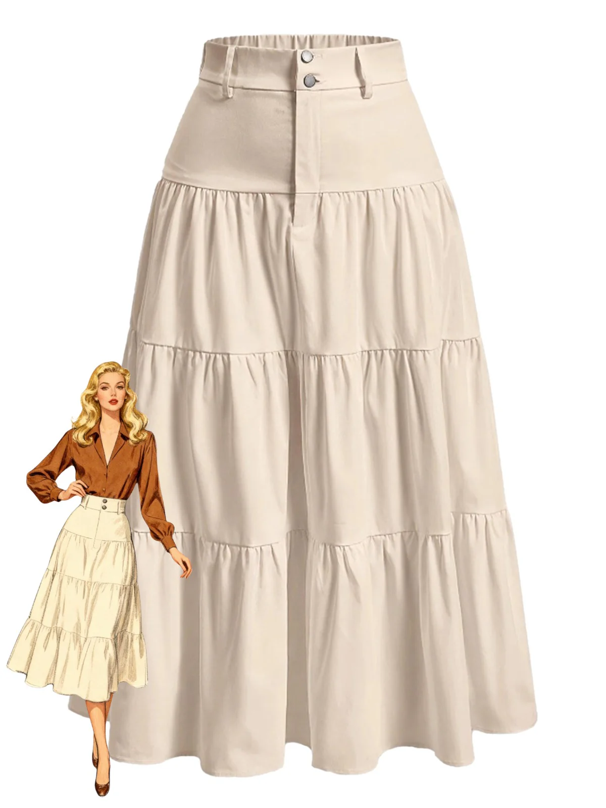 Beige 1940s Solid Multi-Layer Ruffled Skirt