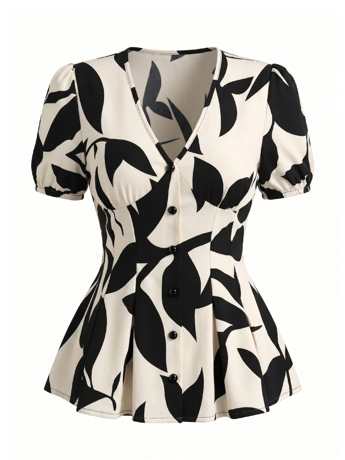 Beige 1940s V-Neck Leaf Print Puff Sleeve Blouse - Image 2