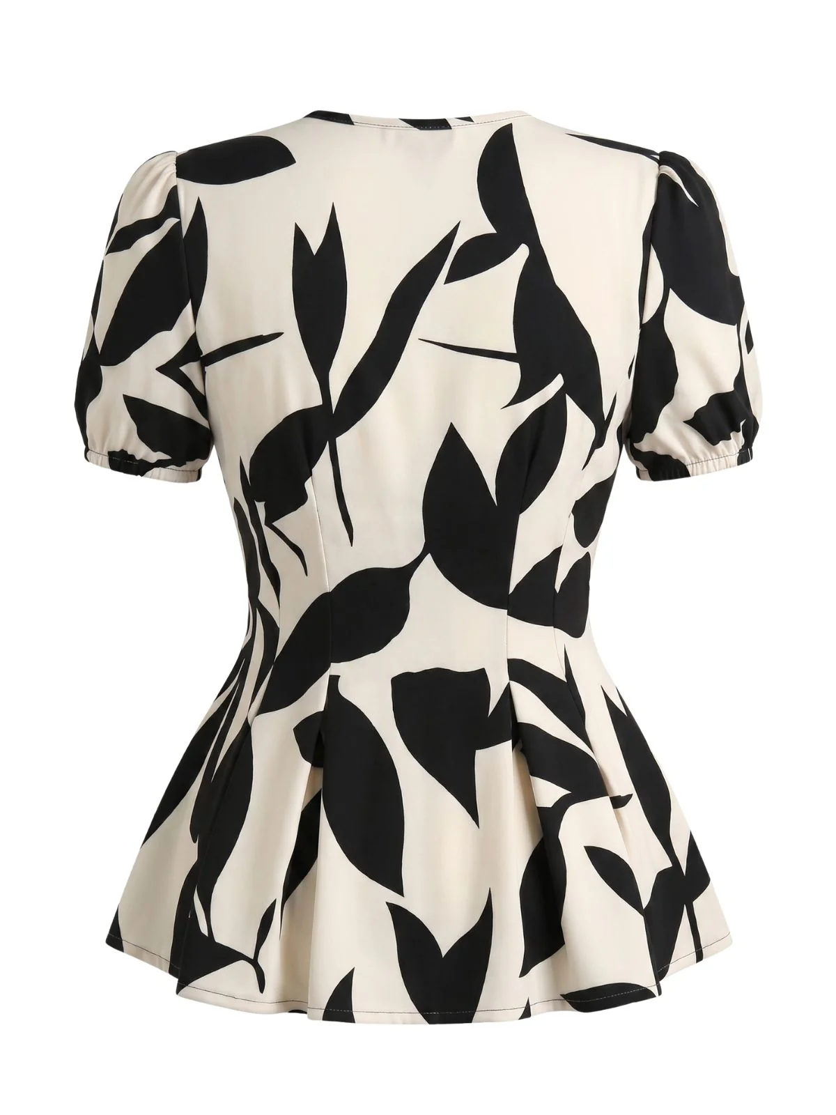 Beige 1940s V-Neck Leaf Print Puff Sleeve Blouse - Image 4