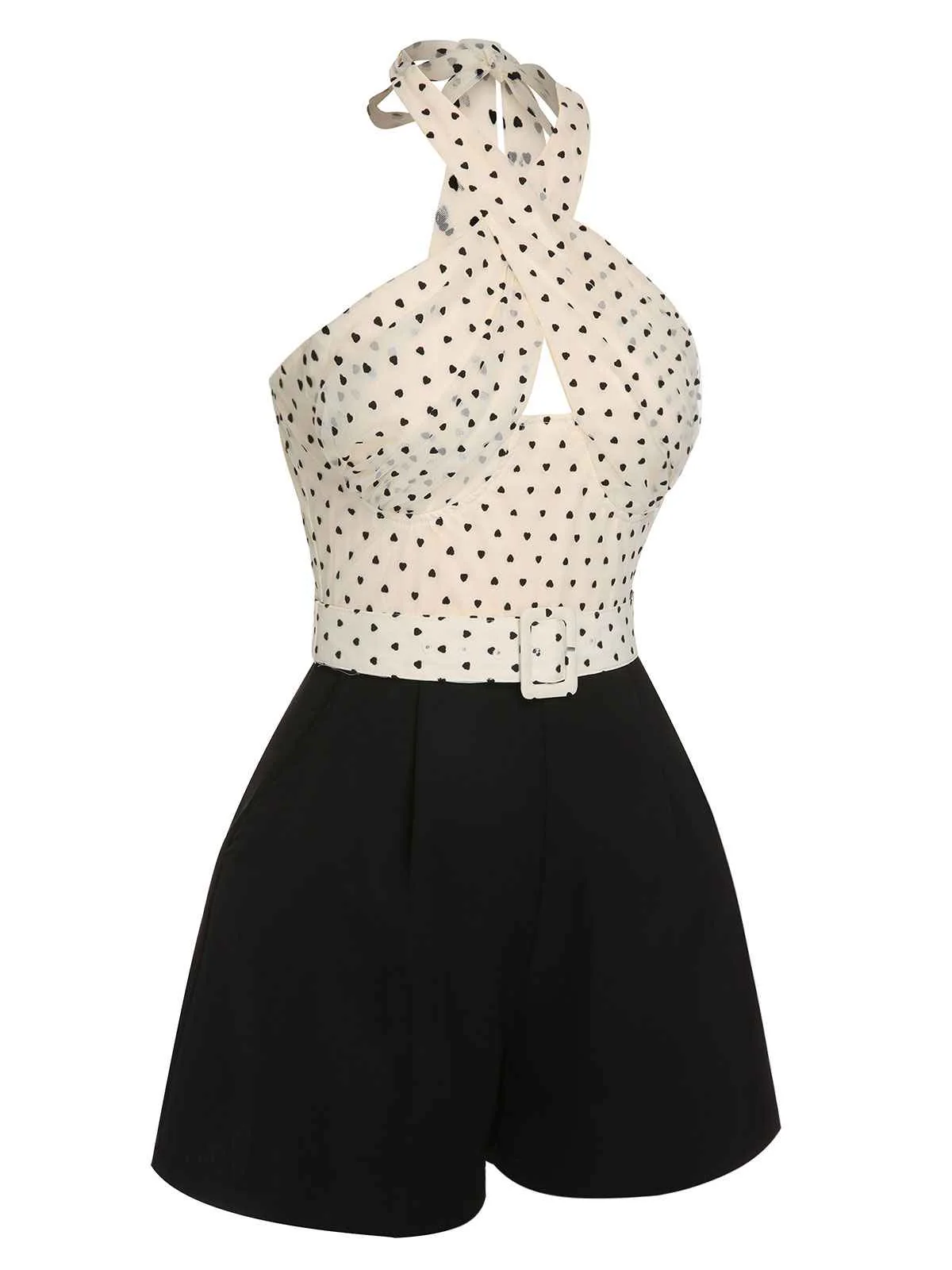 Beige 1950s 3D Heart Halter Patchwork Romper - Image 4