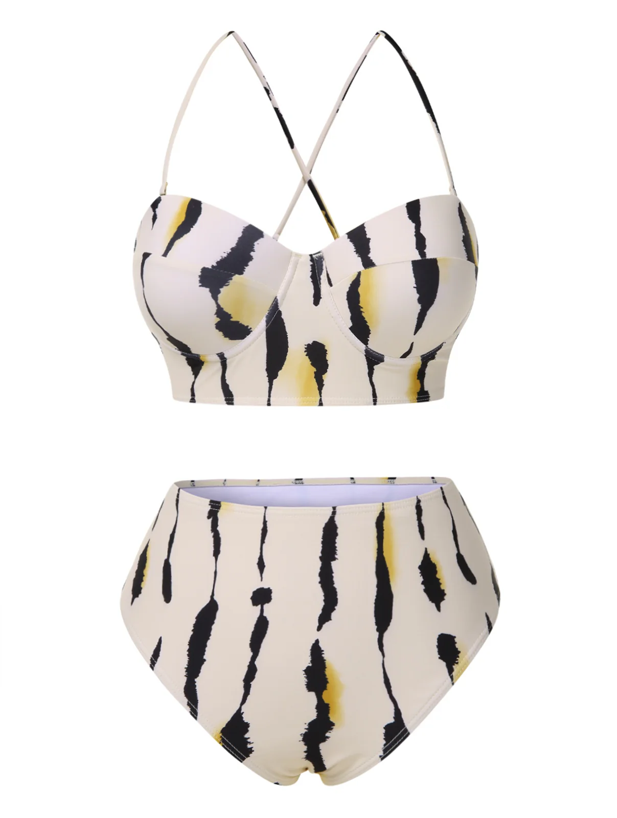 Beige 1950s Back Cross Straps Ink Splash Swimsuit