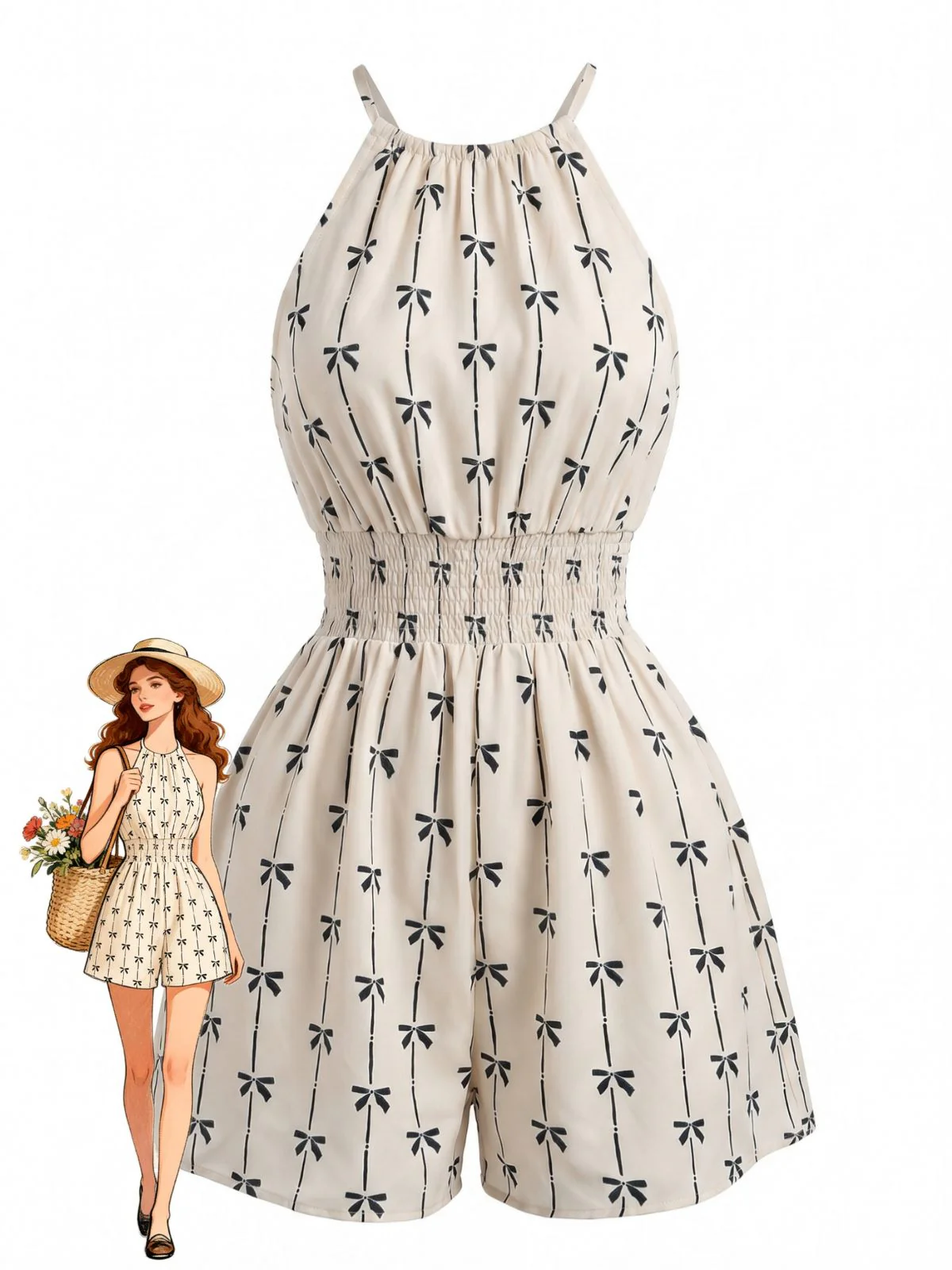 Beige 1950s Bow Print Halter Sleeveless Smocked Romper