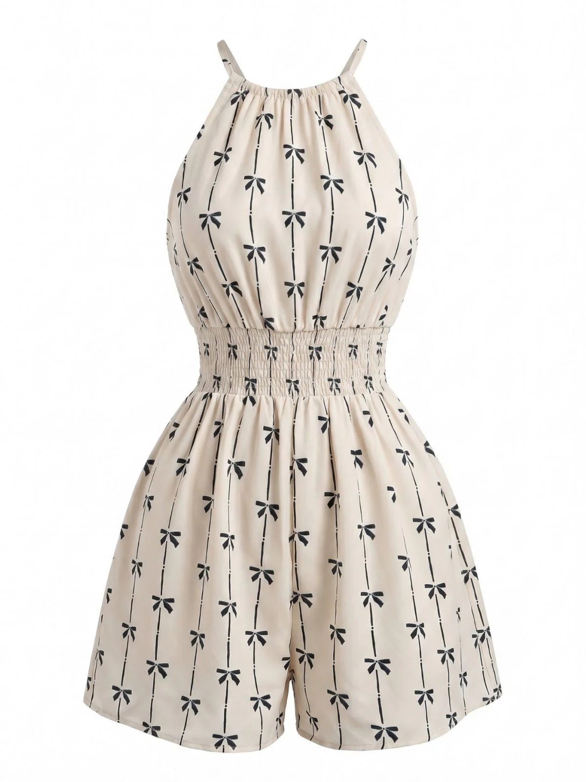 Beige 1950s Bow Print Halter Sleeveless Smocked Romper - Image 4