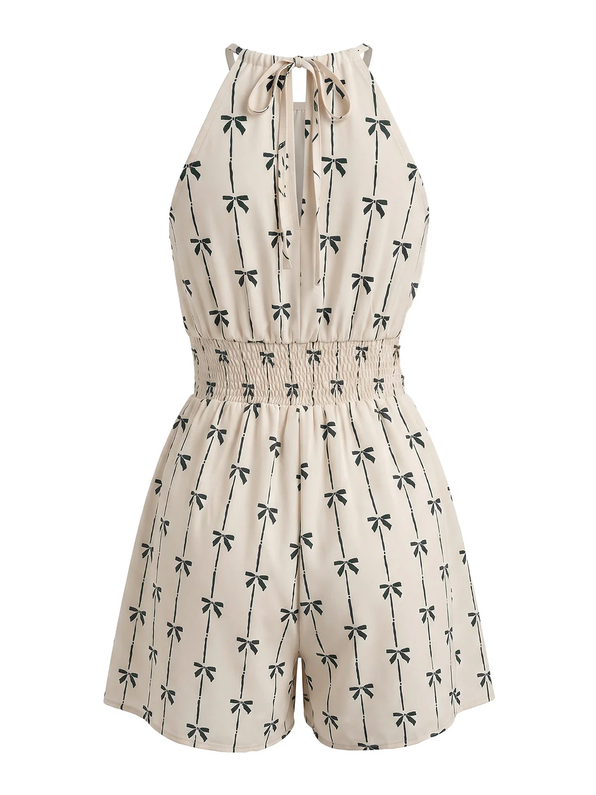 Beige 1950s Bow Print Halter Sleeveless Smocked Romper - Image 5