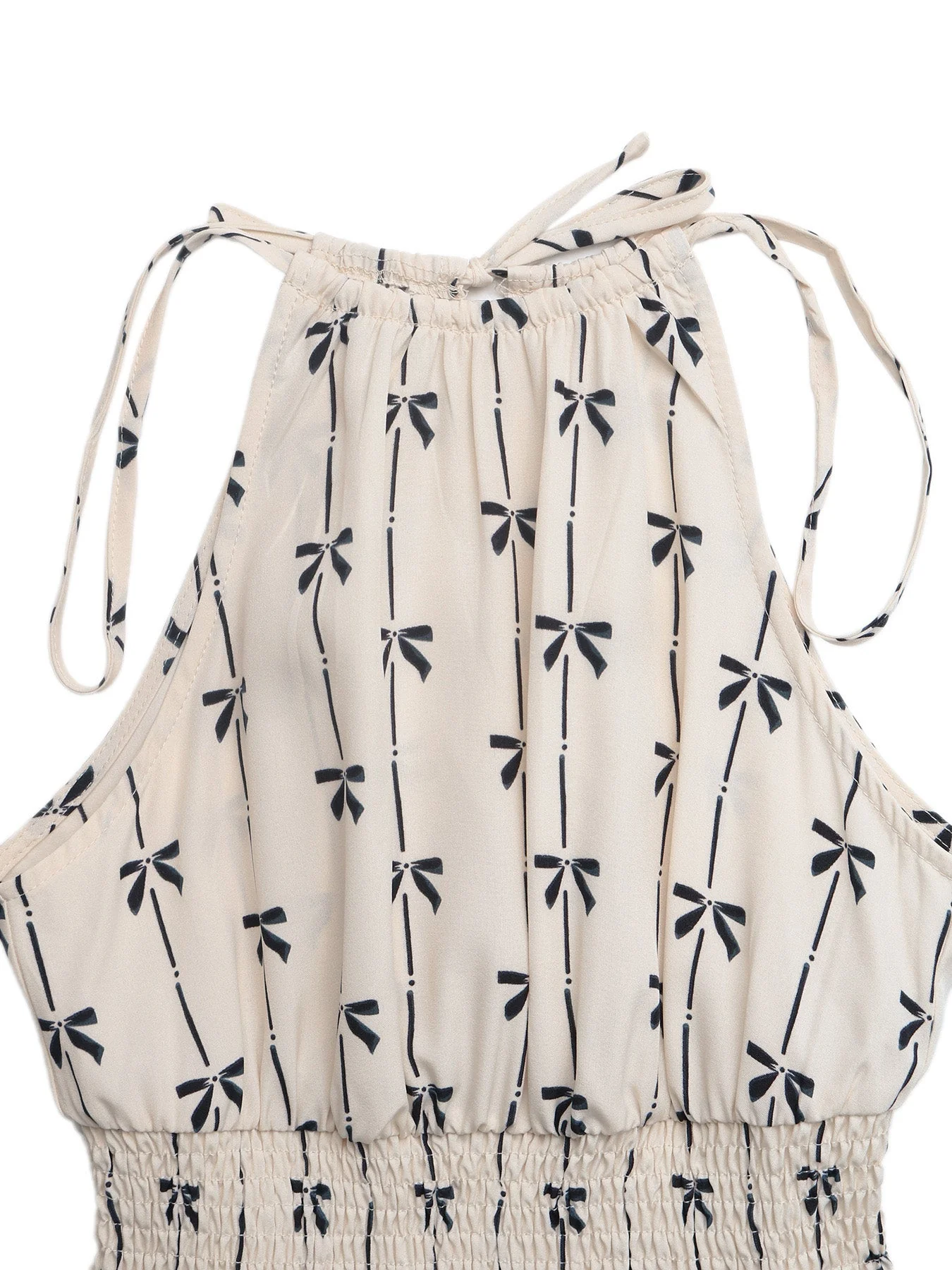 Beige 1950s Bow Print Halter Sleeveless Smocked Romper - Image 6