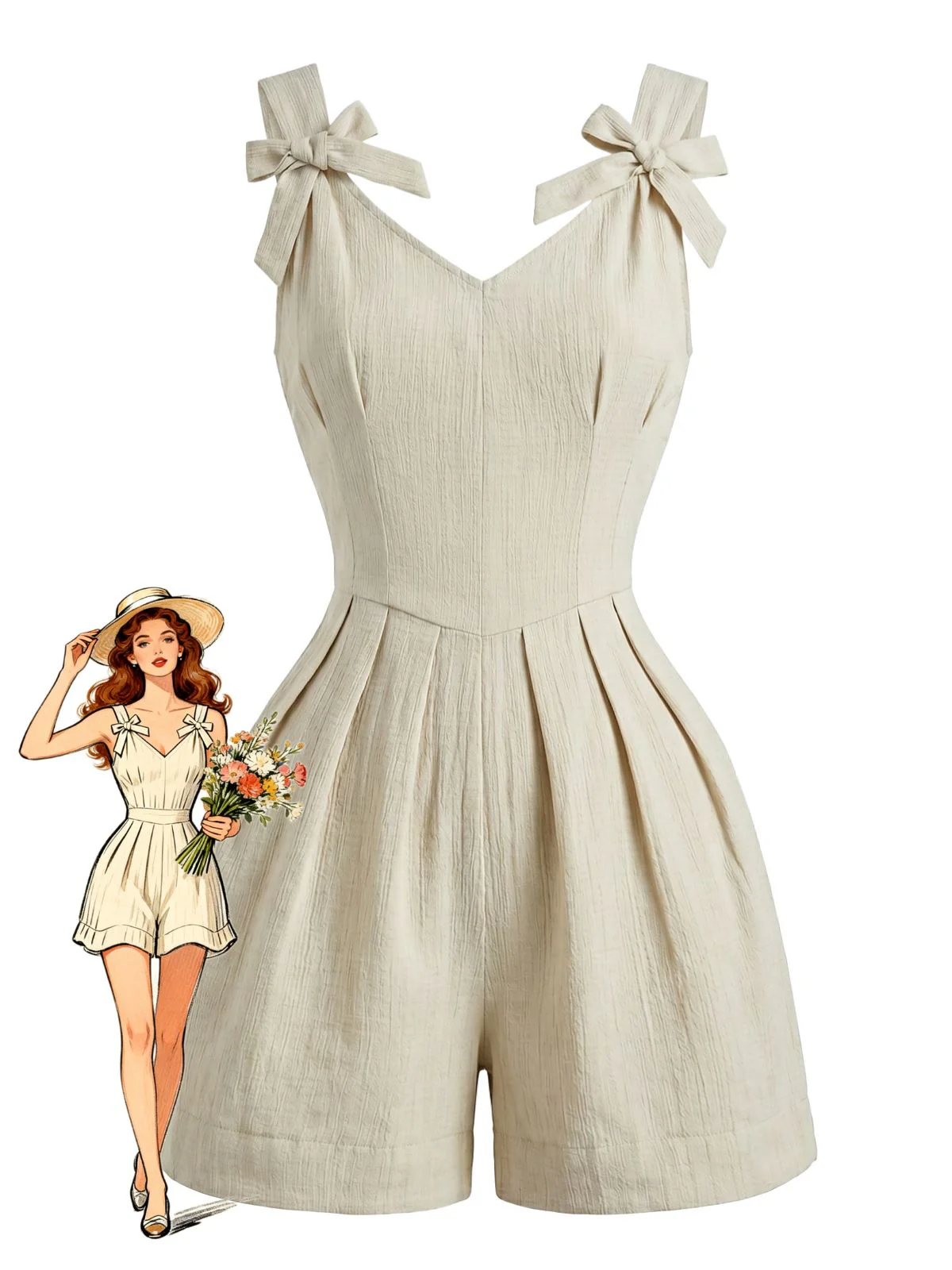 Beige 1950s Bow Wide-Strap Pleated Romper