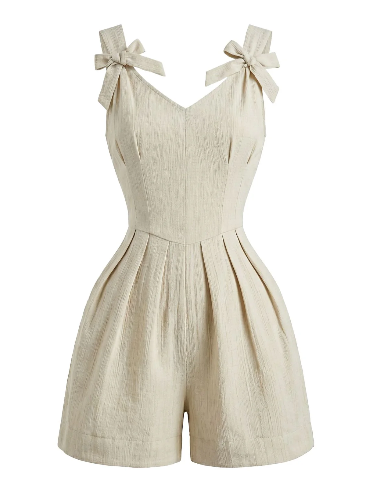 Beige 1950s Bow Wide-Strap Pleated Romper - Image 4