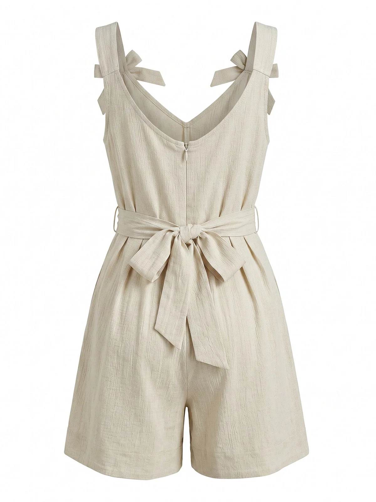 Beige 1950s Bow Wide-Strap Pleated Romper - Image 5