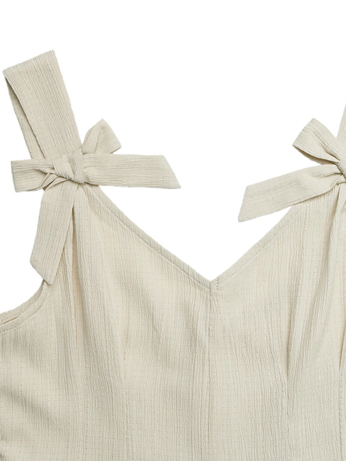 Beige 1950s Bow Wide-Strap Pleated Romper - Image 7