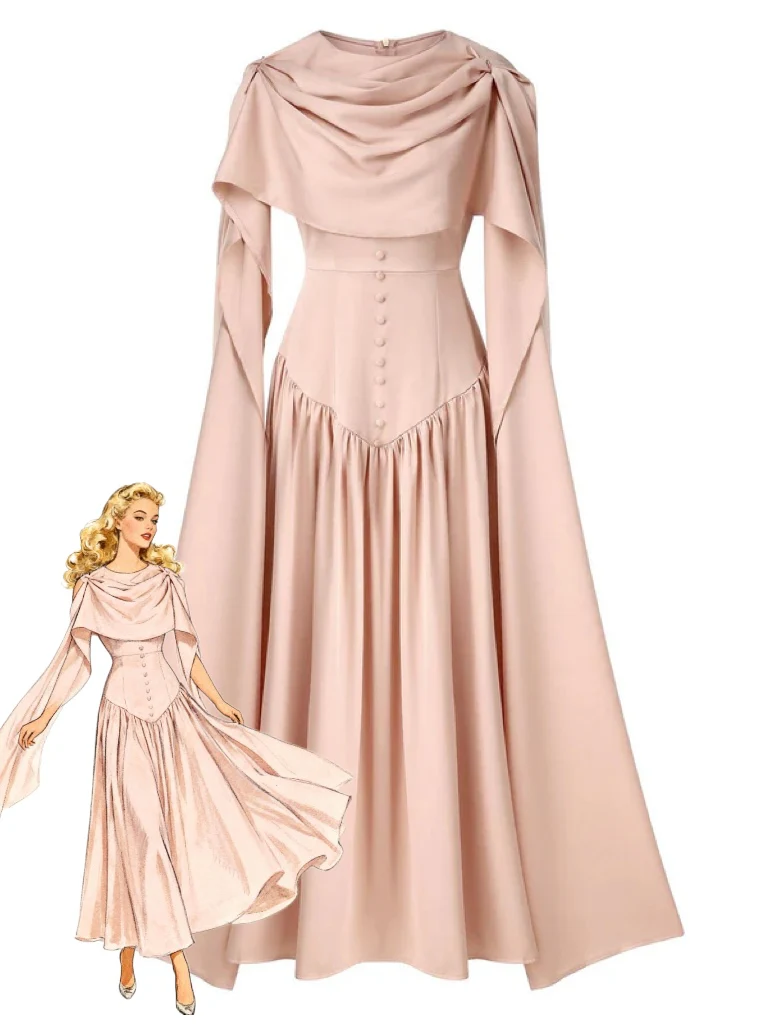 Beige 1950s Draped Renaissance Long Sleeve Maxi Dress