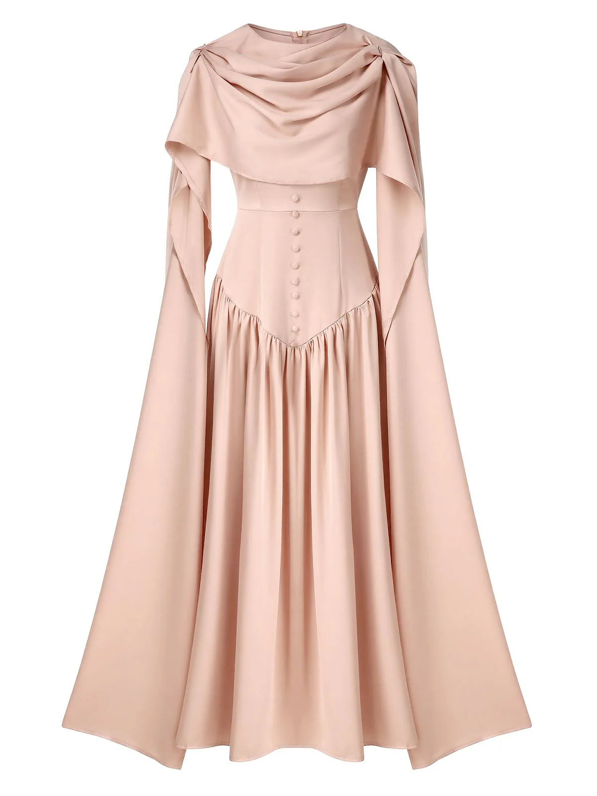 Beige 1950s Draped Renaissance Long Sleeve Maxi Dress - Image 2