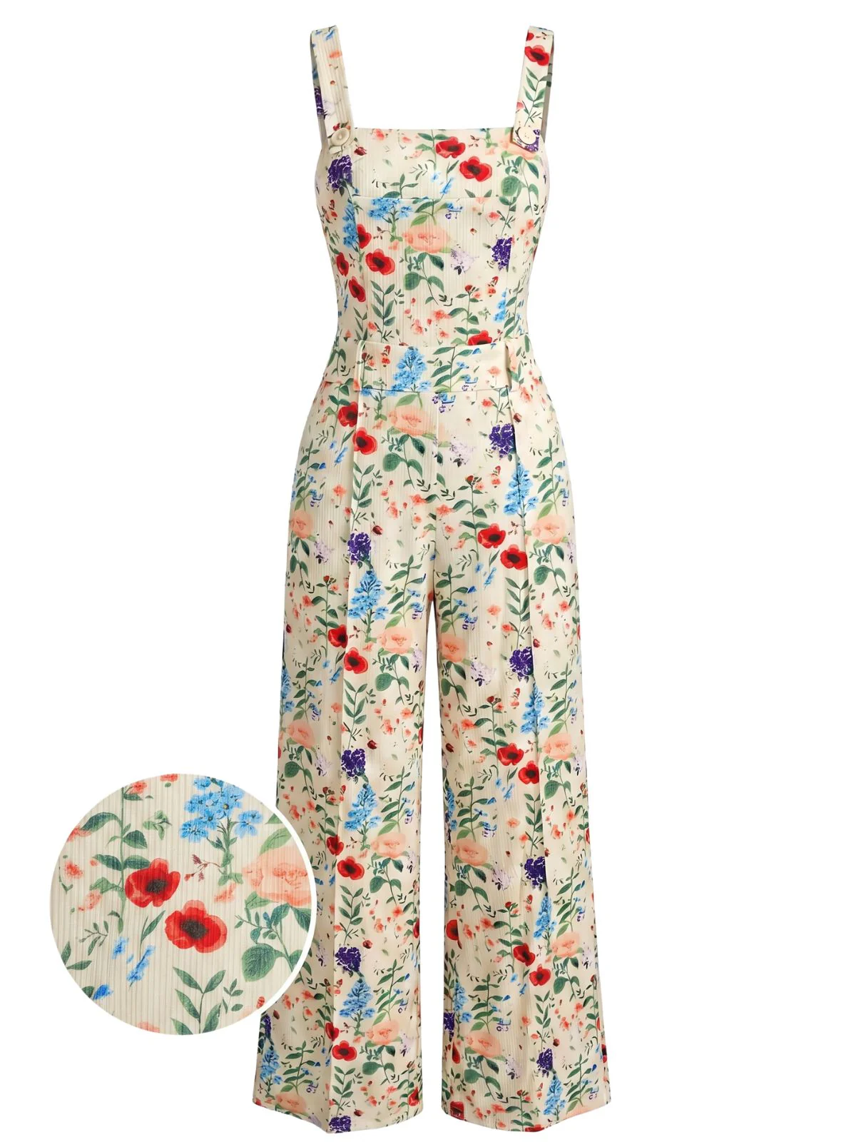 Beige 1950s Floral Square Neck Spaghetti Strap Wide Leg Jumpsuit
