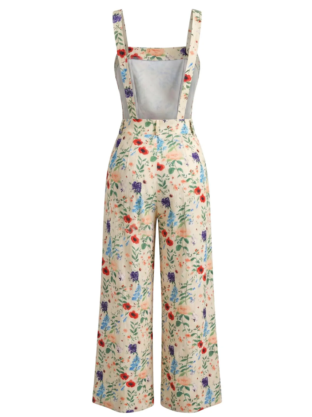 Beige 1950s Floral Square Neck Spaghetti Strap Wide Leg Jumpsuit - Image 3