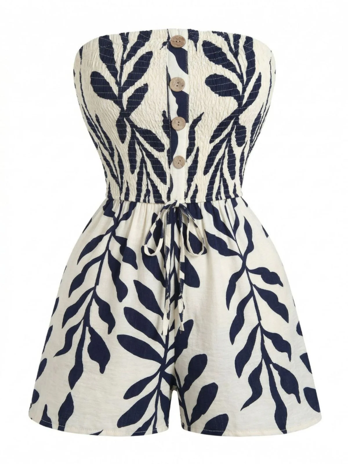 Beige 1950s Leaf Print Strapless Smocked Tie Waist Romper - Image 2