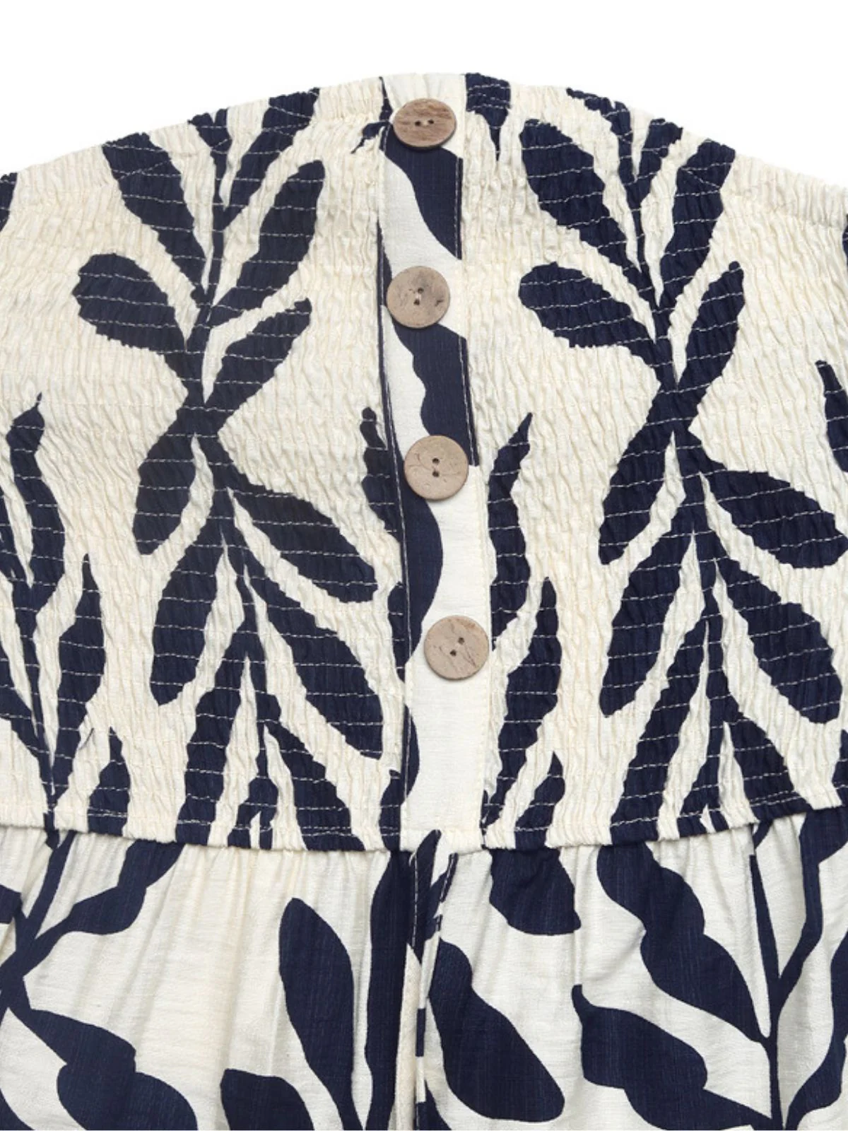 Beige 1950s Leaf Print Strapless Smocked Tie Waist Romper - Image 5