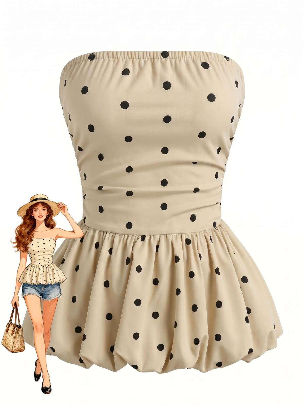 Beige 1950s Polka Dot Strapless Flared Peplum Hem Top