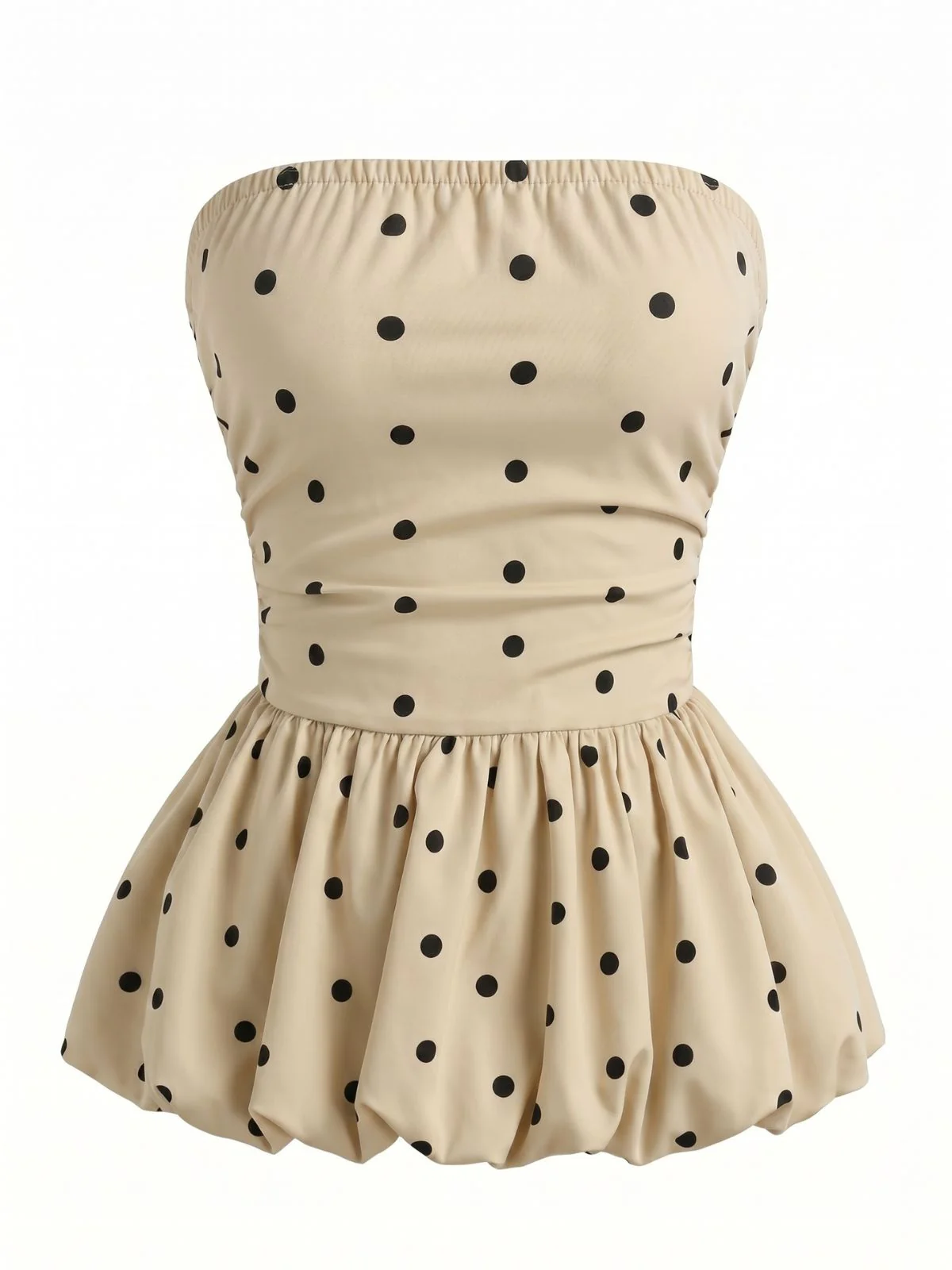 Beige 1950s Polka Dot Strapless Flared Peplum Hem Top - Image 2
