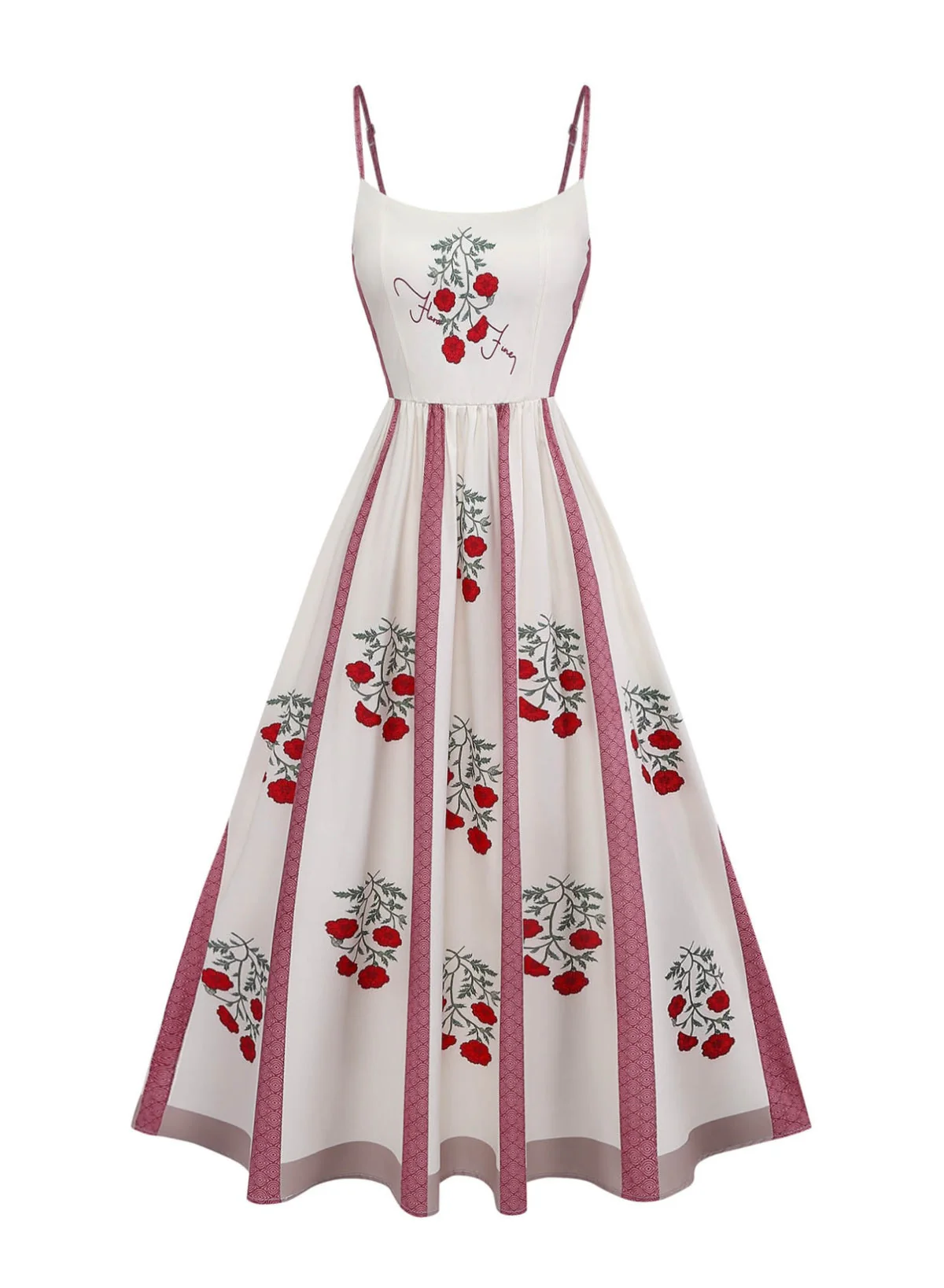 Beige 1950s Rose Spaghetti Strap Swing Dress - Image 2