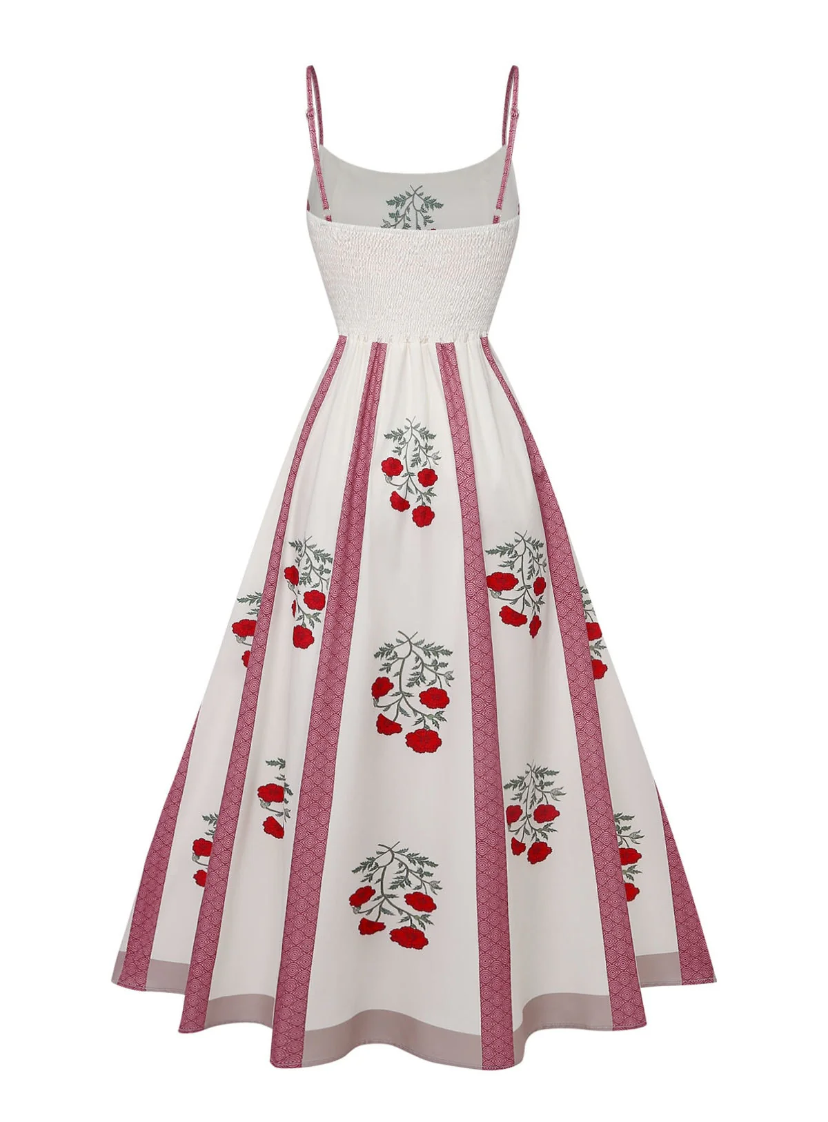 Beige 1950s Rose Spaghetti Strap Swing Dress - Image 3