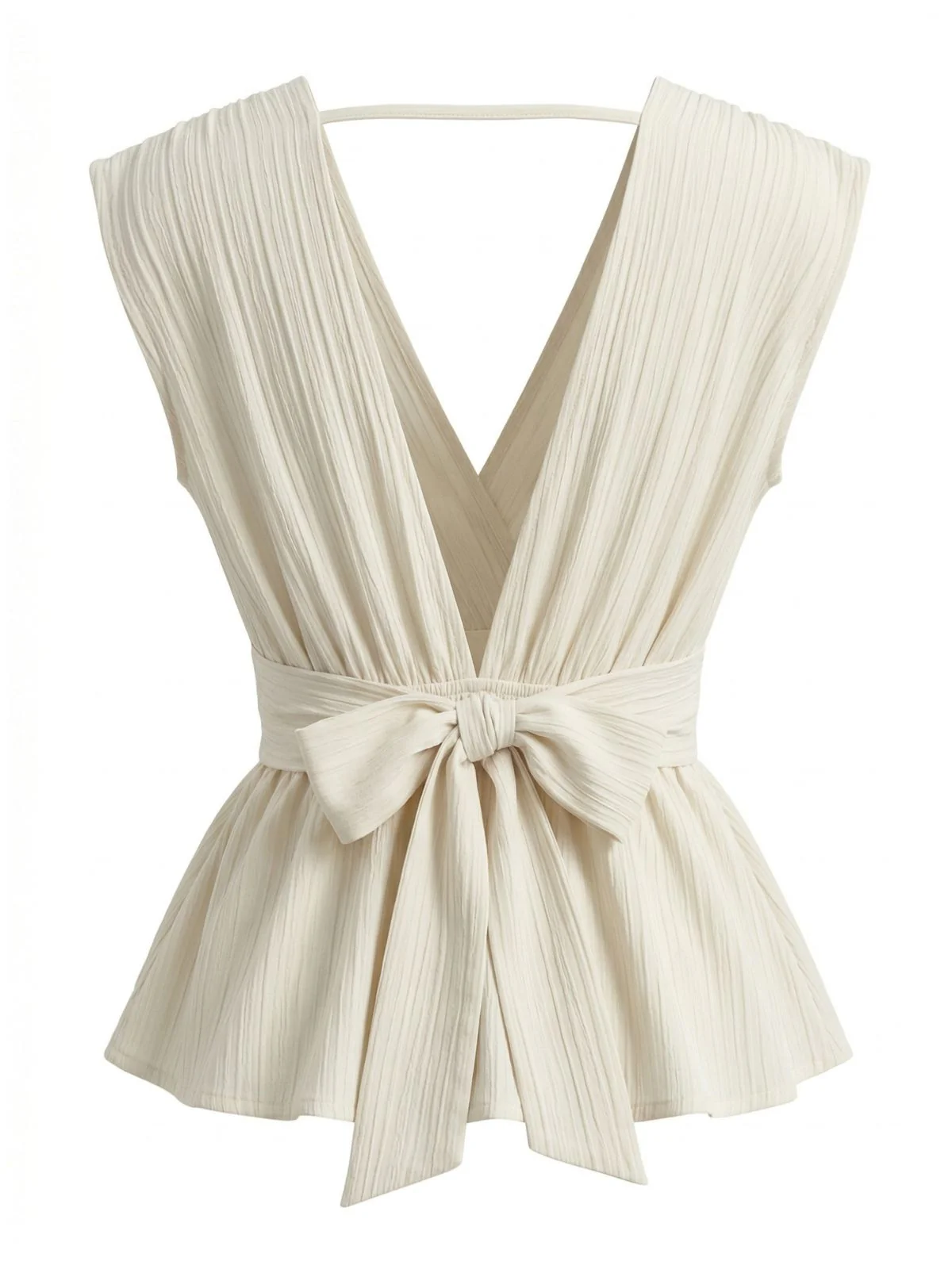 Beige 1950s Sleeveless Deep V-Neck Peplum Blouse - Image 2