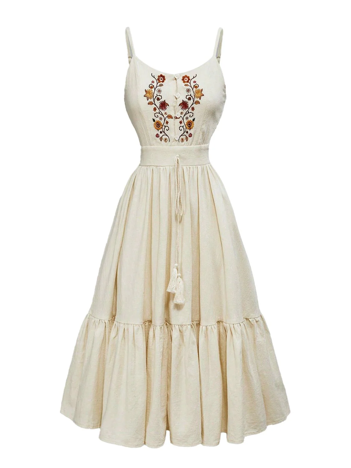 Beige 1950s Spaghetti Strap Embroidered Dress