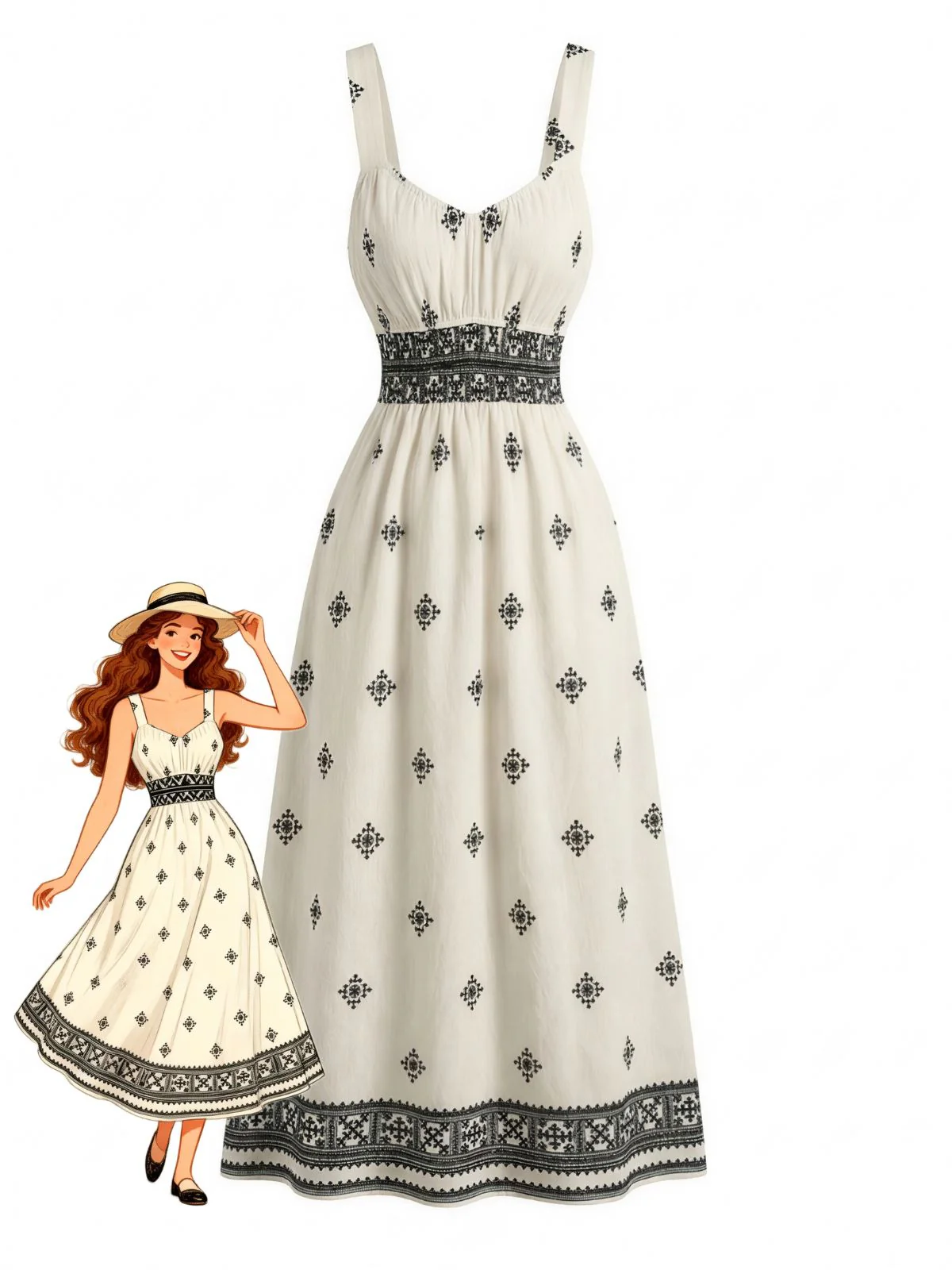 Beige 1970s Bohemian Wide-Strap Ruched Dress