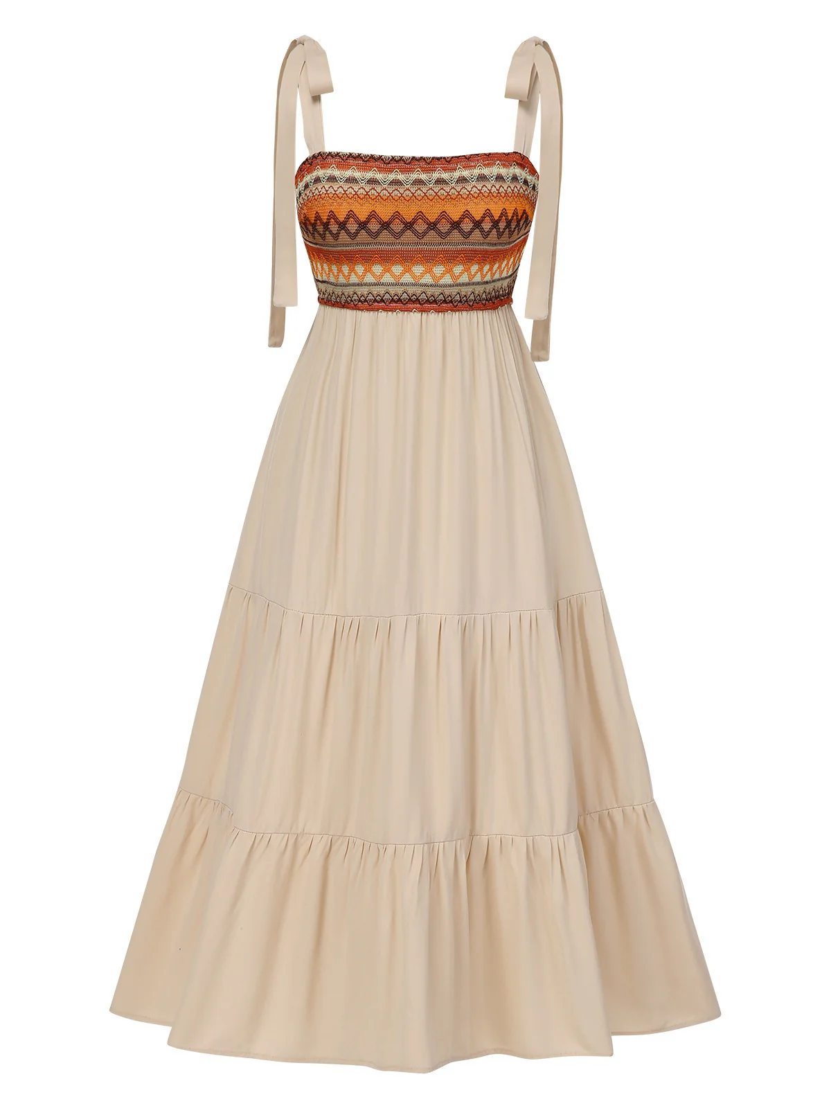 Beige 1970s Boho Style Shoulder Tie Dress
