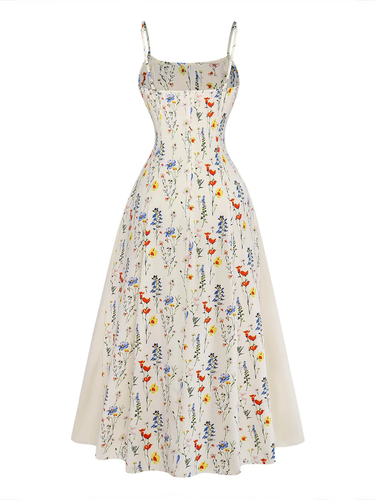 Beige 1970s Ditsy Floral Spaghetti Strap Fit Midi Dress - Image 3