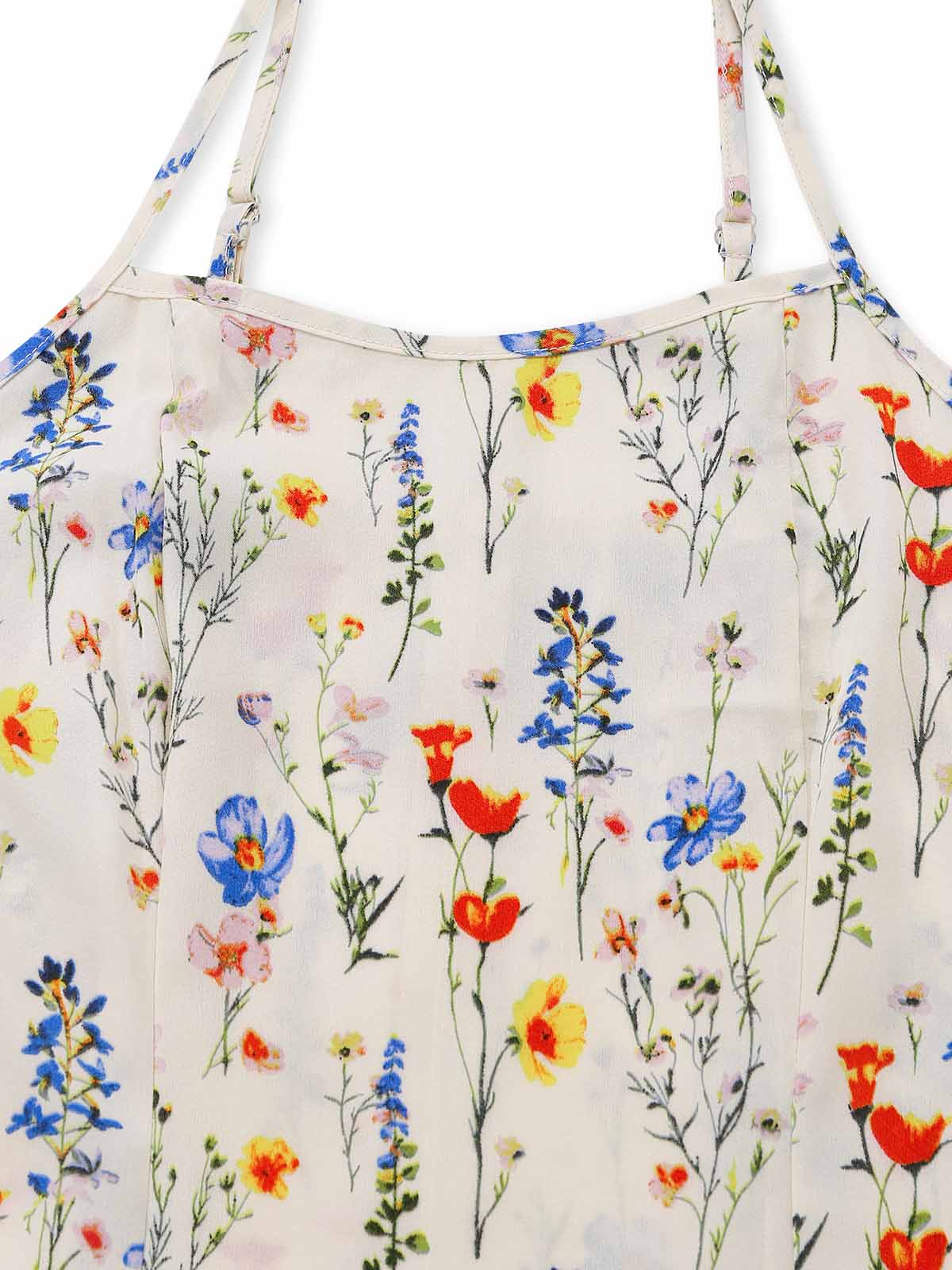 Beige 1970s Ditsy Floral Spaghetti Strap Fit Midi Dress - Image 4
