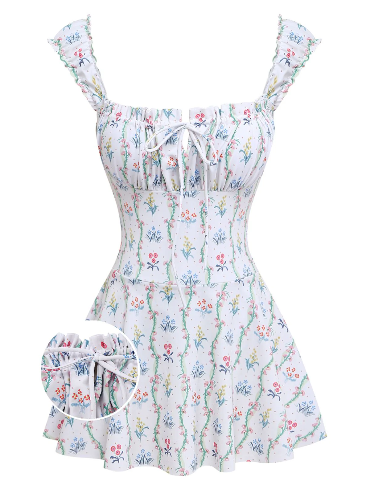 White 1970s Floral Ruffle Cap-Sleeve Square-Neck Swimdress