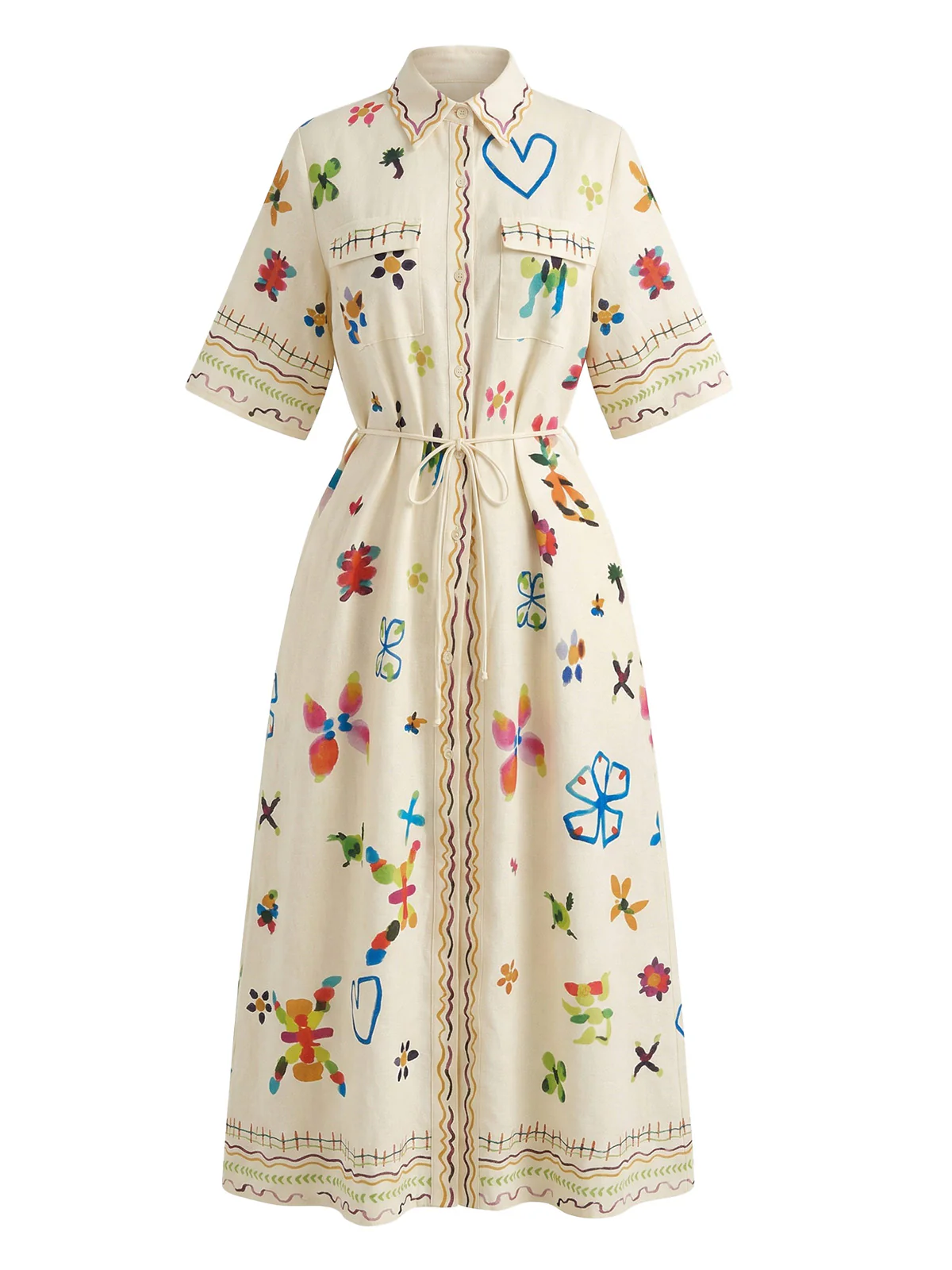 Beige 1970s Folk Floral Half Sleeve Shirt Maxi Dress - Image 2