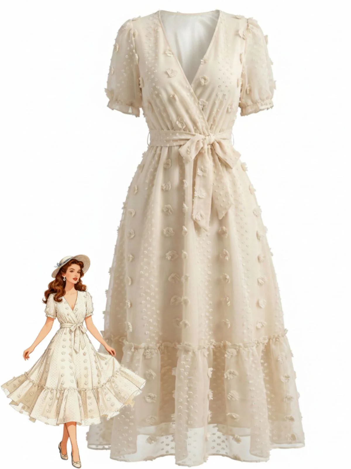 Beige 1970s Surplice V-Neck Dots 3D Floral Belted Dress