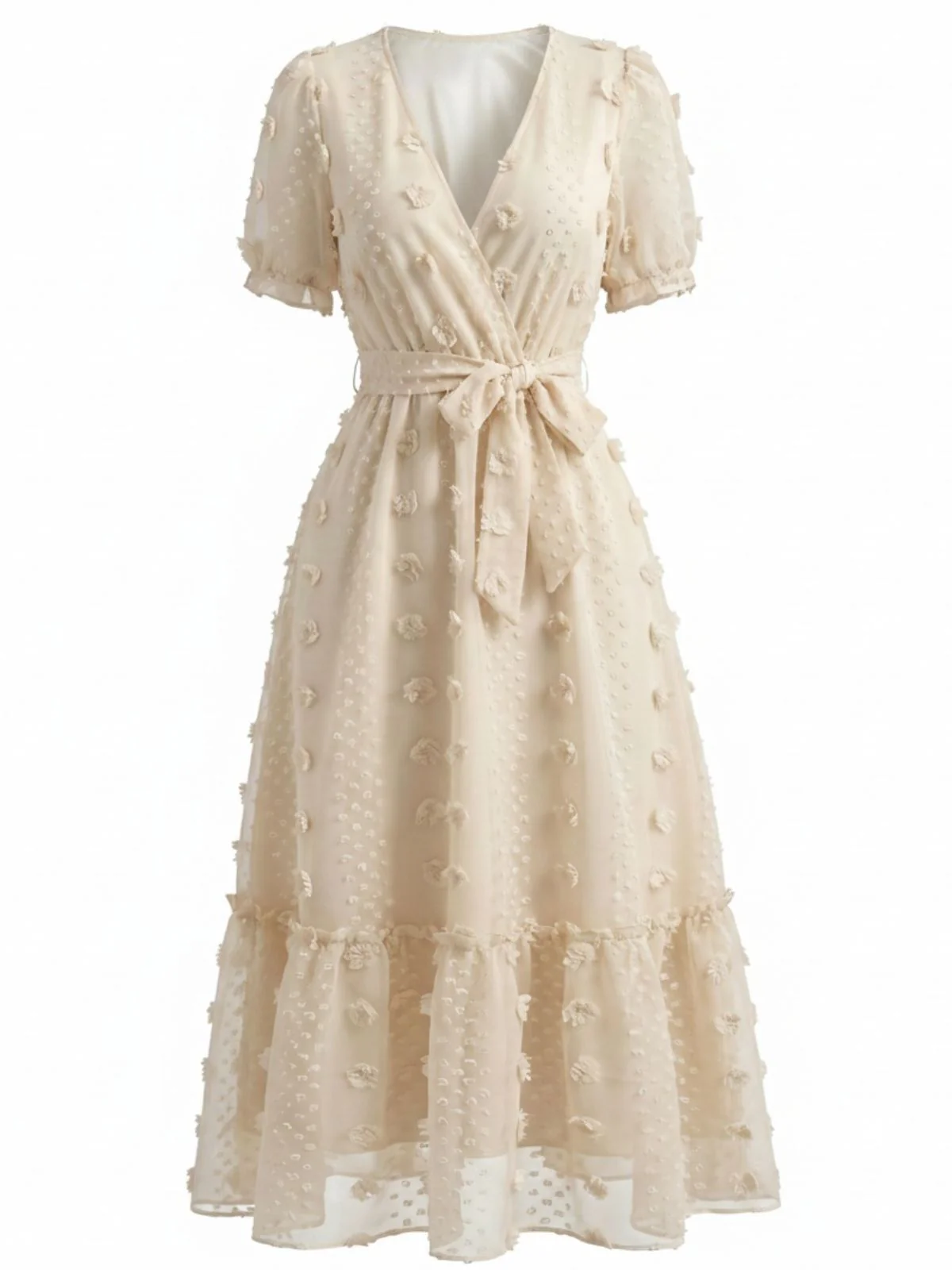 Beige 1970s Surplice V-Neck Dots 3D Floral Belted Dress - Image 2