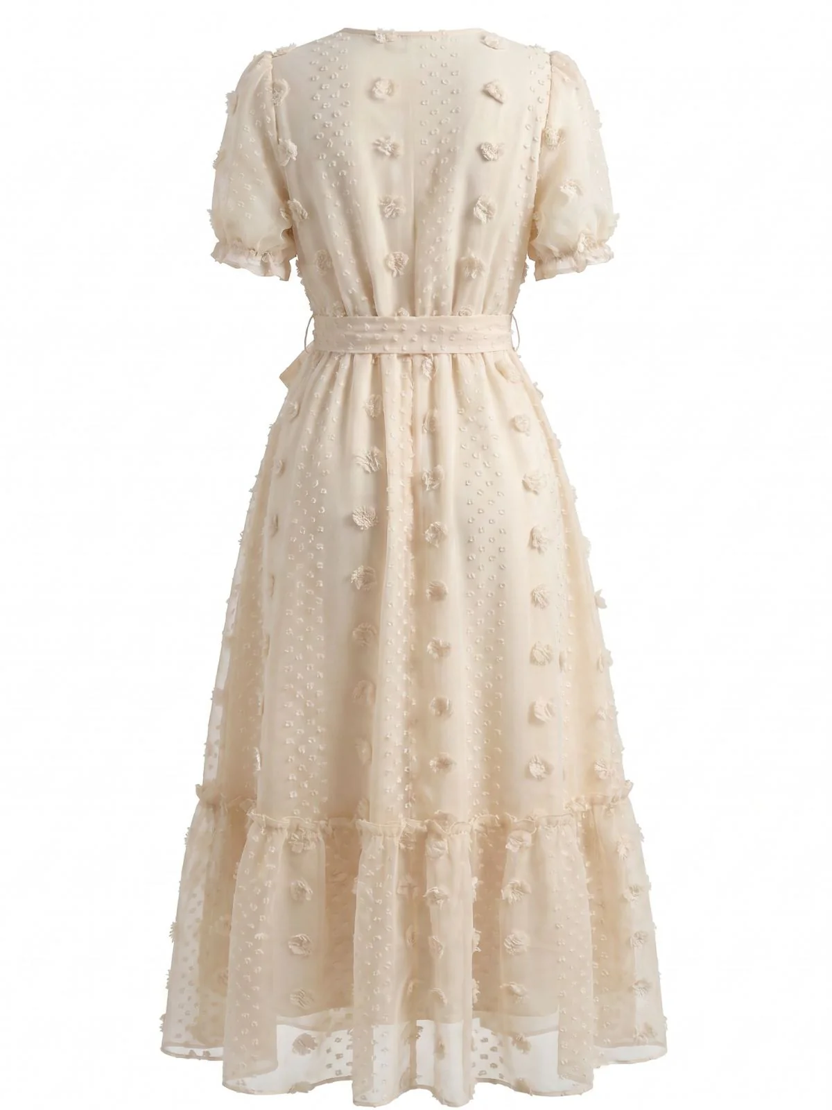 Beige 1970s Surplice V-Neck Dots 3D Floral Belted Dress - Image 3
