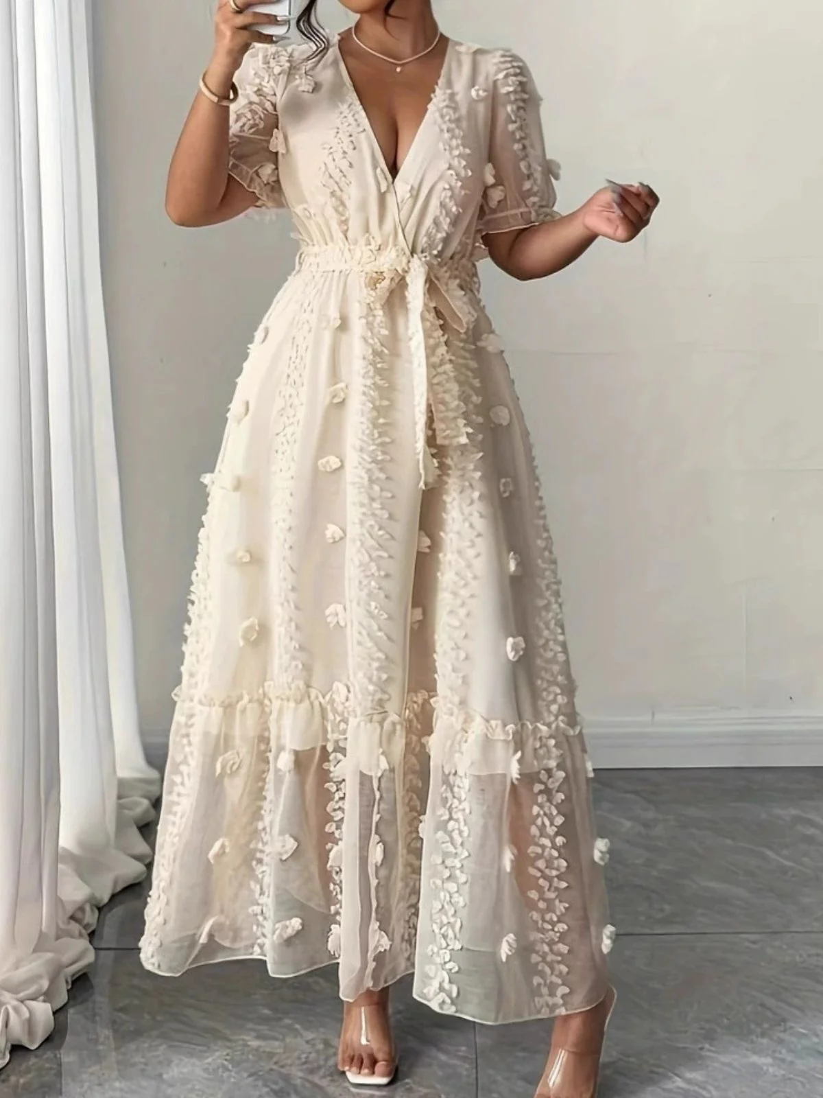 Beige 1970s Surplice V-Neck Dots 3D Floral Belted Dress - Image 4