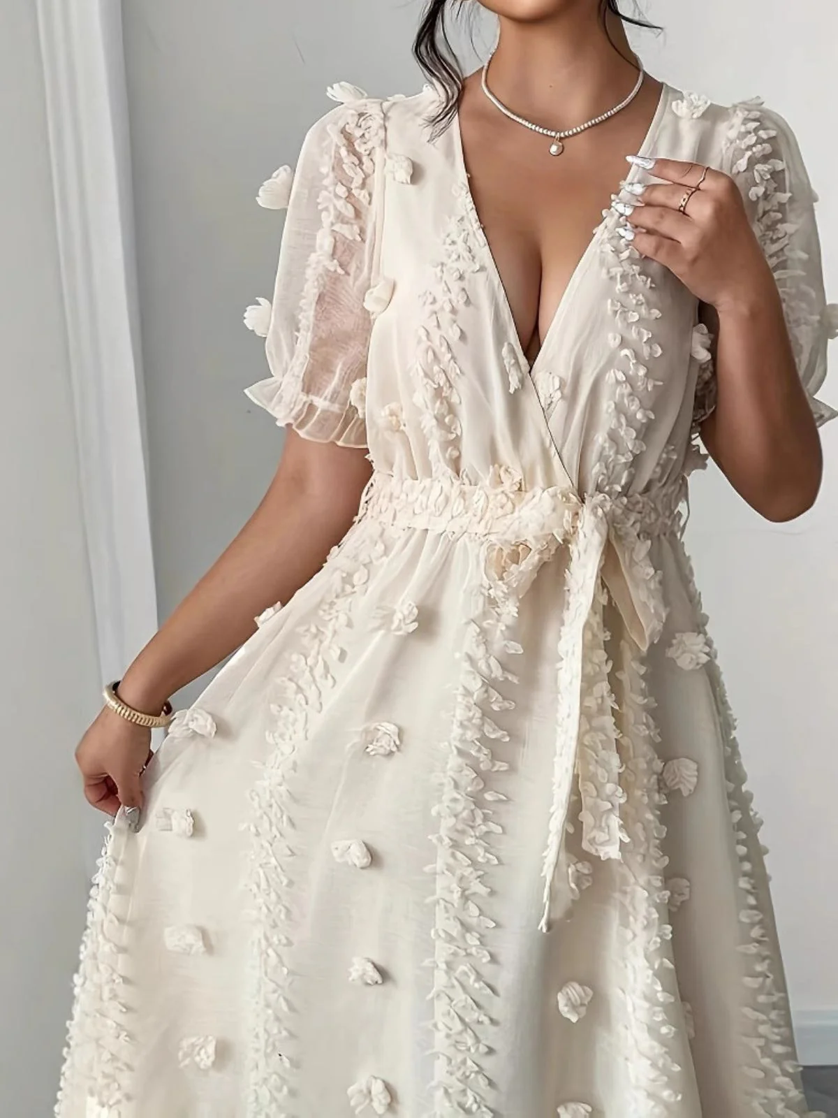 Beige 1970s Surplice V-Neck Dots 3D Floral Belted Dress - Image 5
