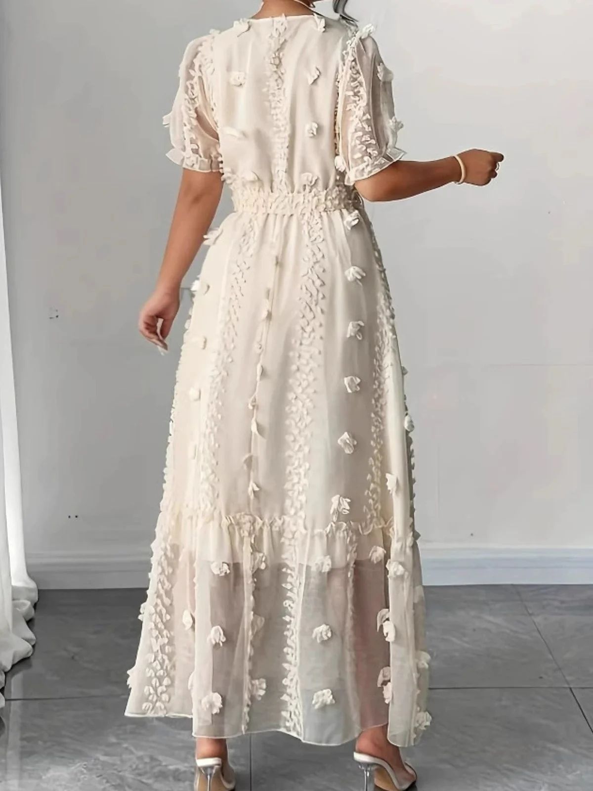 Beige 1970s Surplice V-Neck Dots 3D Floral Belted Dress - Image 6