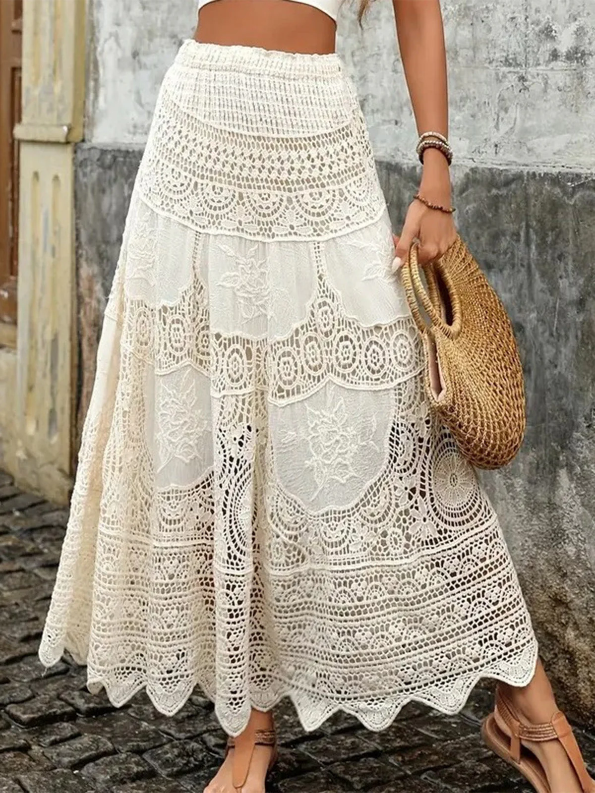 Beige 1980s Lace Patchwork A-Line Skirt