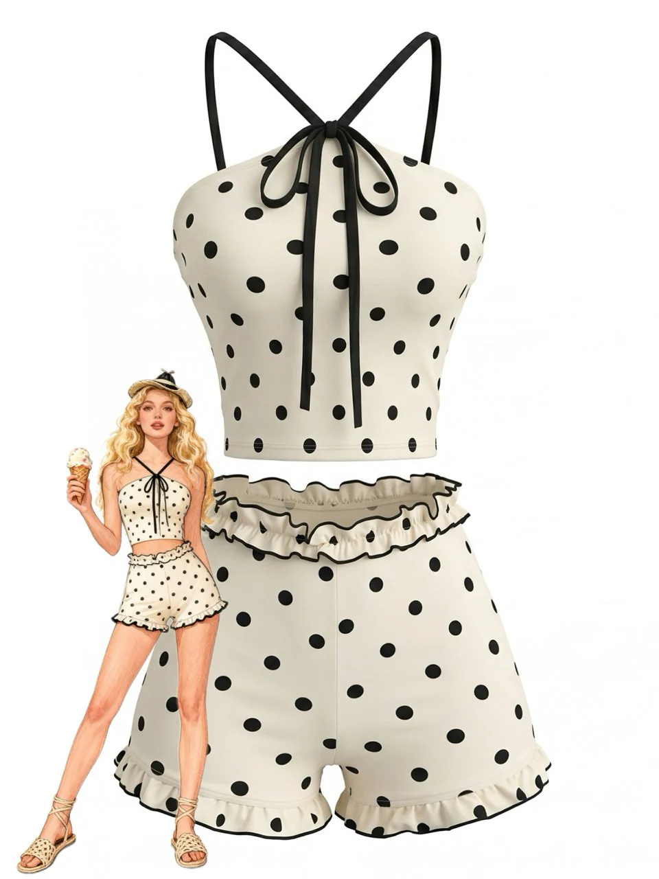 Beige 1980s Polka Dot Ruffle Tie Halter Tankini Set