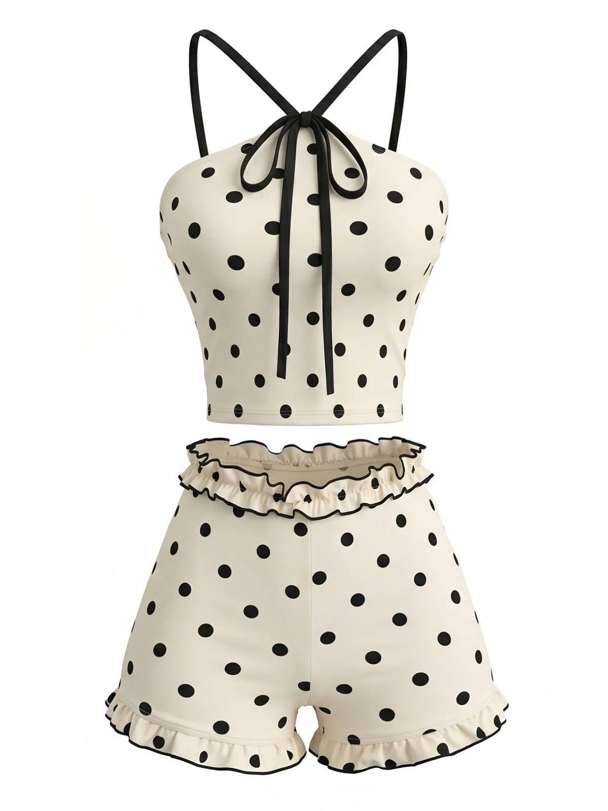 Beige 1980s Polka Dot Ruffle Tie Halter Tankini Set - Image 2