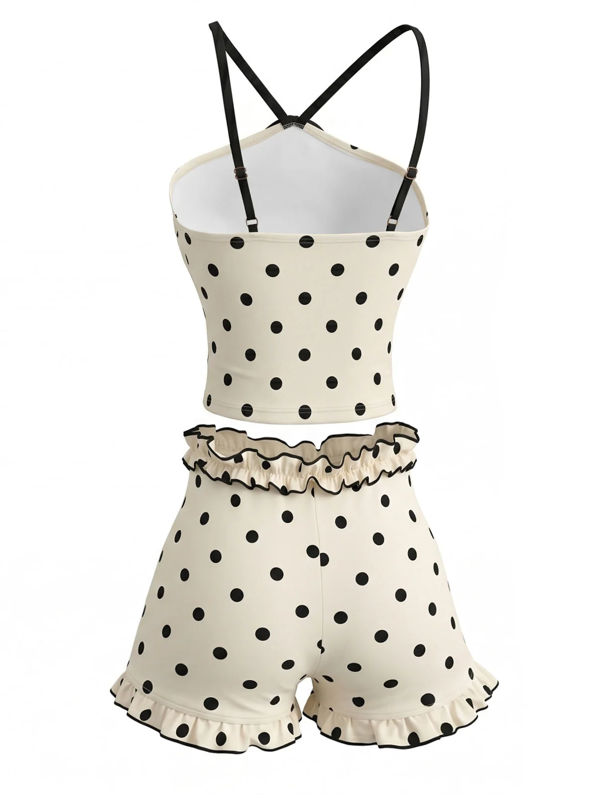 Beige 1980s Polka Dot Ruffle Tie Halter Tankini Set - Image 3