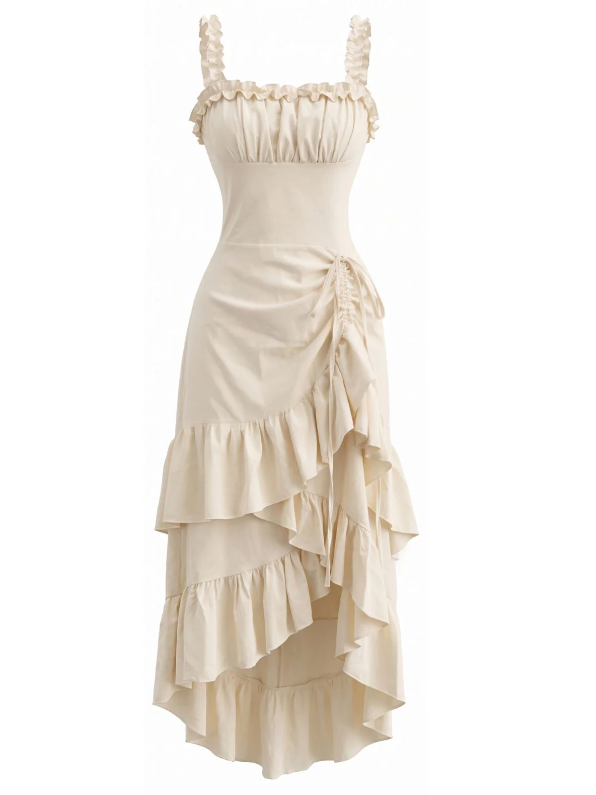 Beige 1980s Solid Ruffled Hem Suspender Dress - Image 2