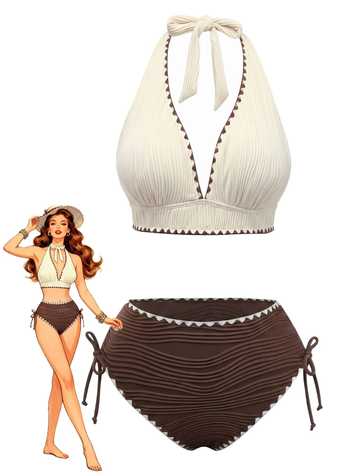 Beige Brown 1950s Halter High-Waist Ribbed Bikini Set