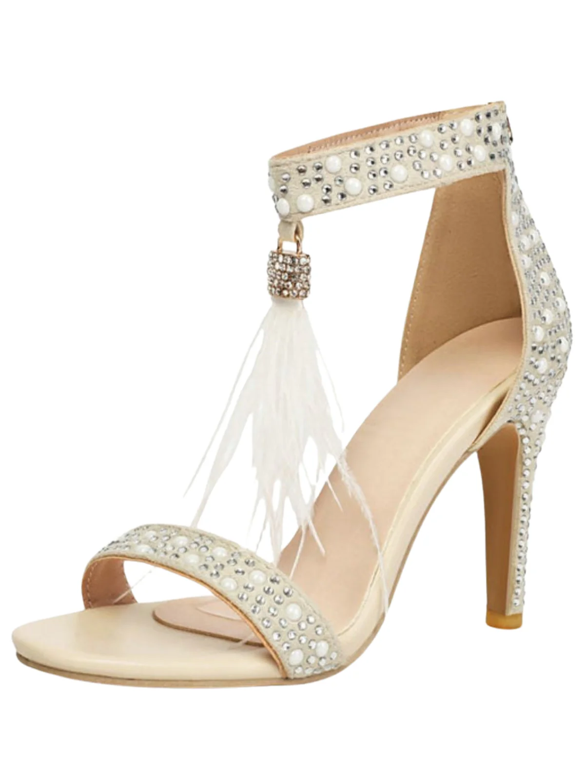 Beige Rhinestone Feather High Heel Wedding Shoes