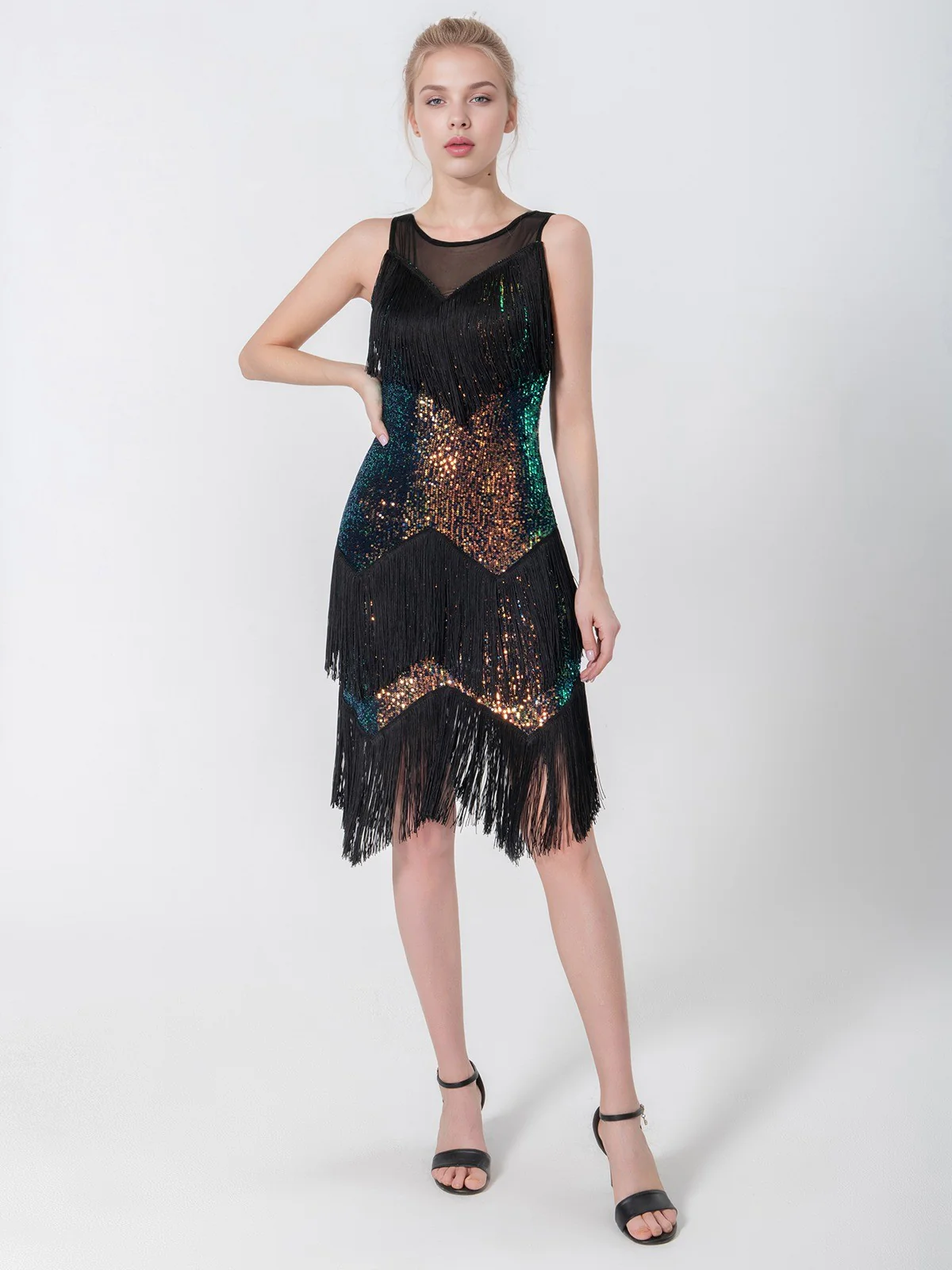 Black 1920s Beading Sleeveless Fringed Hem Dress