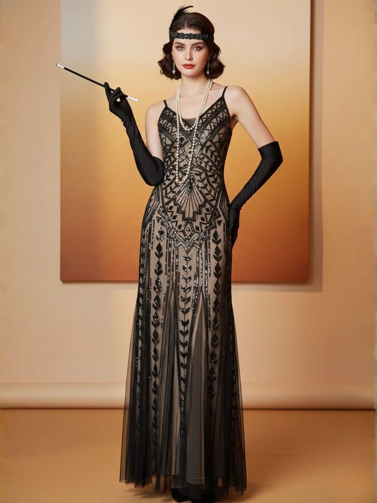 Black 1920s Gatsby Sequin Mesh Maxi Evening Dress